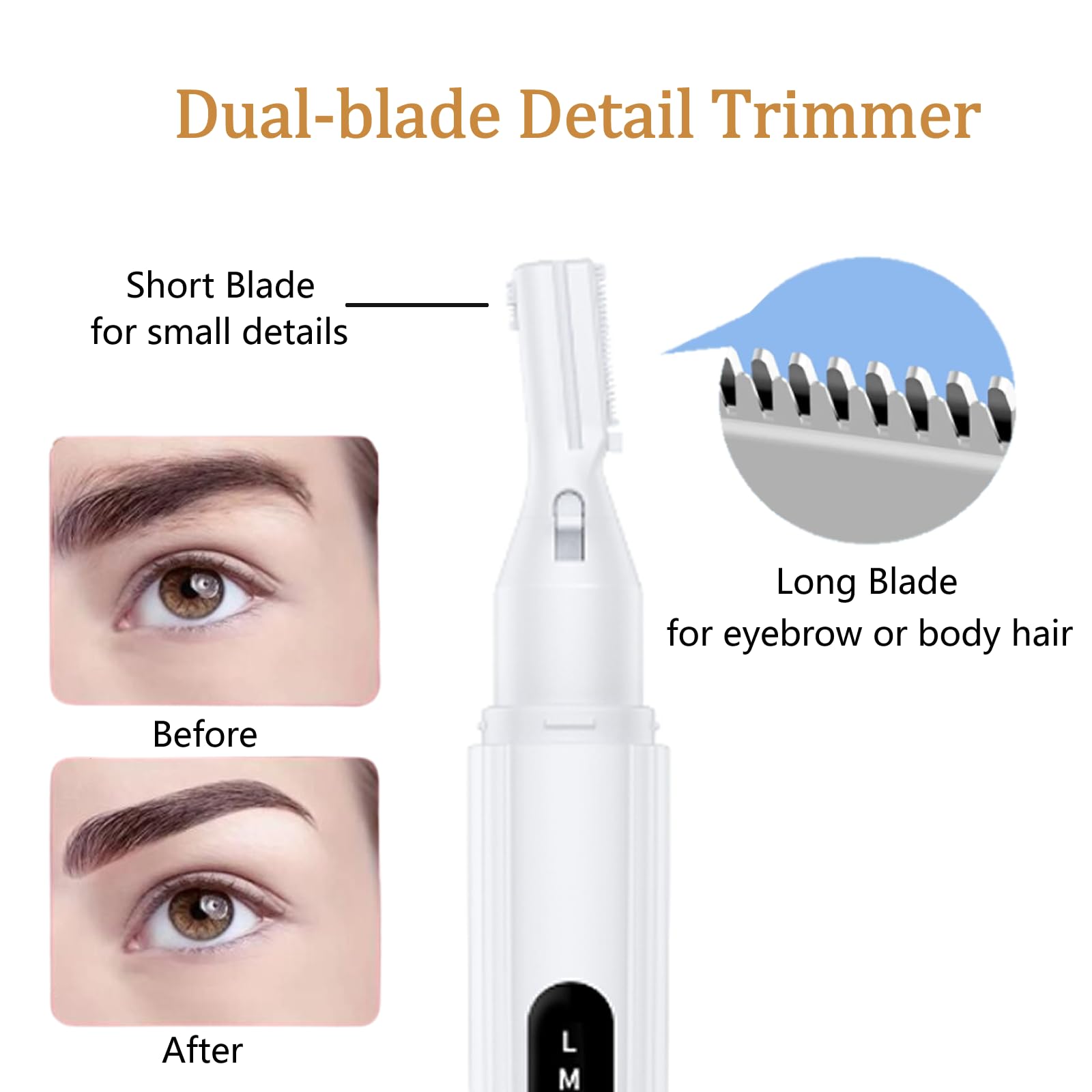 Electric Eyebrow Trimmer for Women & Men - Painless Rechargeable Facial Hair Shaver with Detail Trimmer for Eyebrows, Face, Lips, Armpits, Legs & Body (White) | Perfect for Travel, Home Use & Personal Grooming