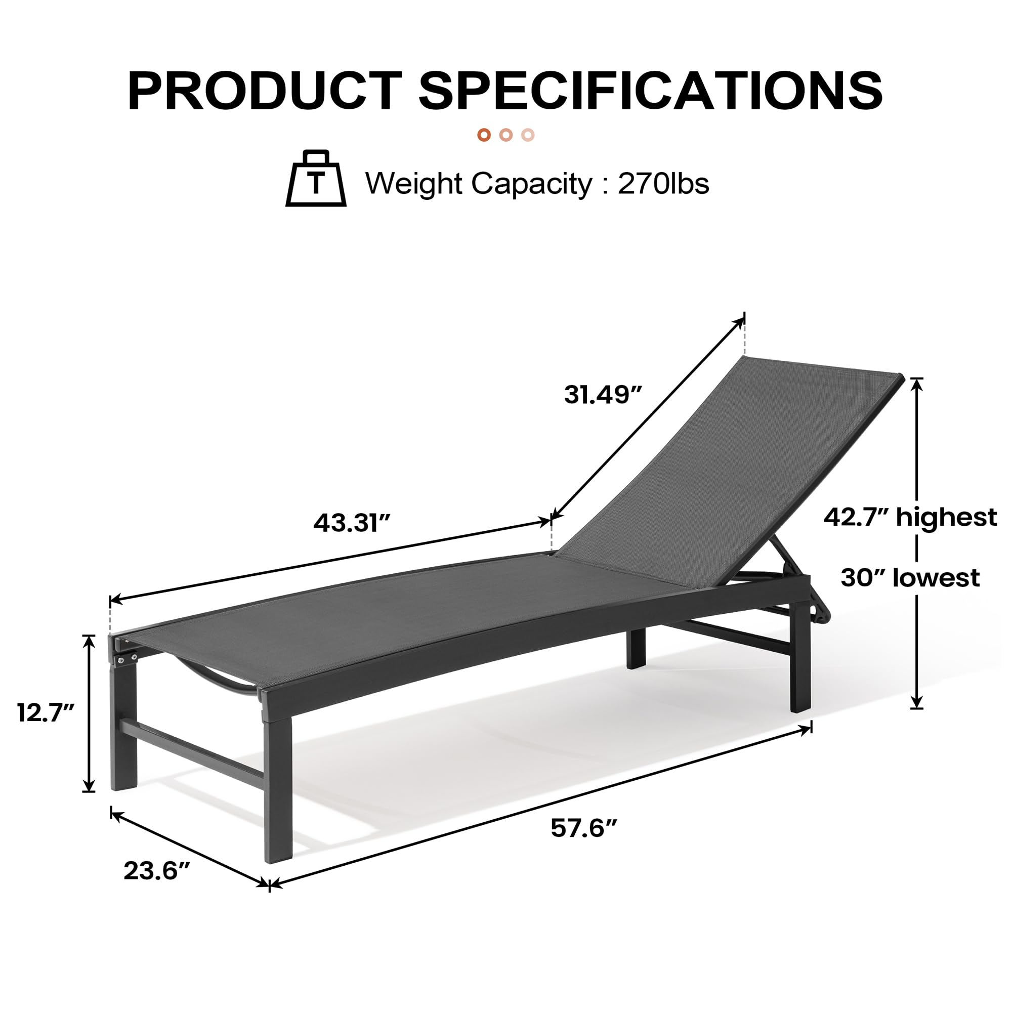 Premium Aluminum Outdoor Lounge Chair Set of 2 - Adjustable 5-Position Recliner, All-Weather Poolside Chaise for Patio, Beach & Backyard - Perfect for Sunbathing, Relaxing by the Pool or Garden Lounging (Black)