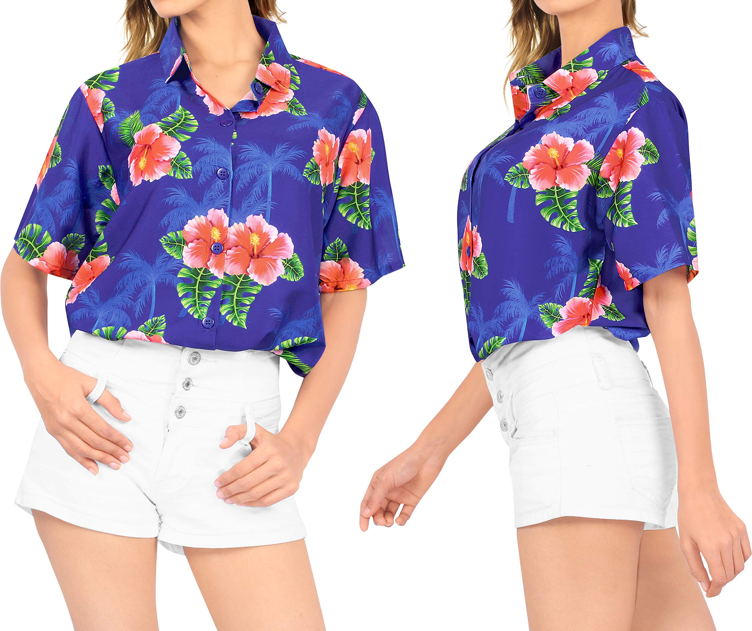 Happy Bay Women's Hawaiian Short Sleeve Beach Blouse Shirt - Floral Print Vacation Top for Summer, Pool Party & Tropical Getaways