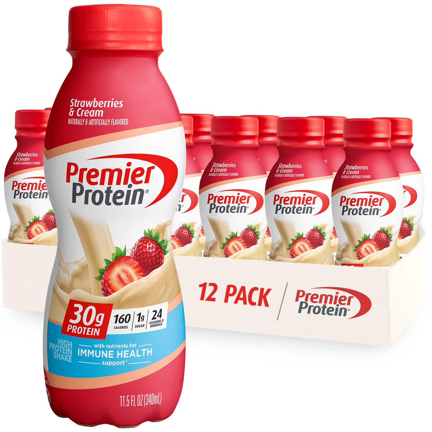 Premier Protein Shake - 30g High Protein, 24 Vitamins & Minerals, Cinnamon Roll & Strawberries Flavor, 11.5 oz (Pack of 24) - Ideal for Post-Workout Recovery, Meal Replacement & On-the-Go Nutrition