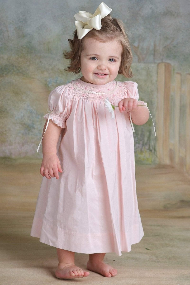 Molly Smocked Ribbon Bishop Dress for Girls - Elegant Floral Embroidery & Ruffled Sleeves - Perfect for Birthday Parties, Easter, and Special Occasions