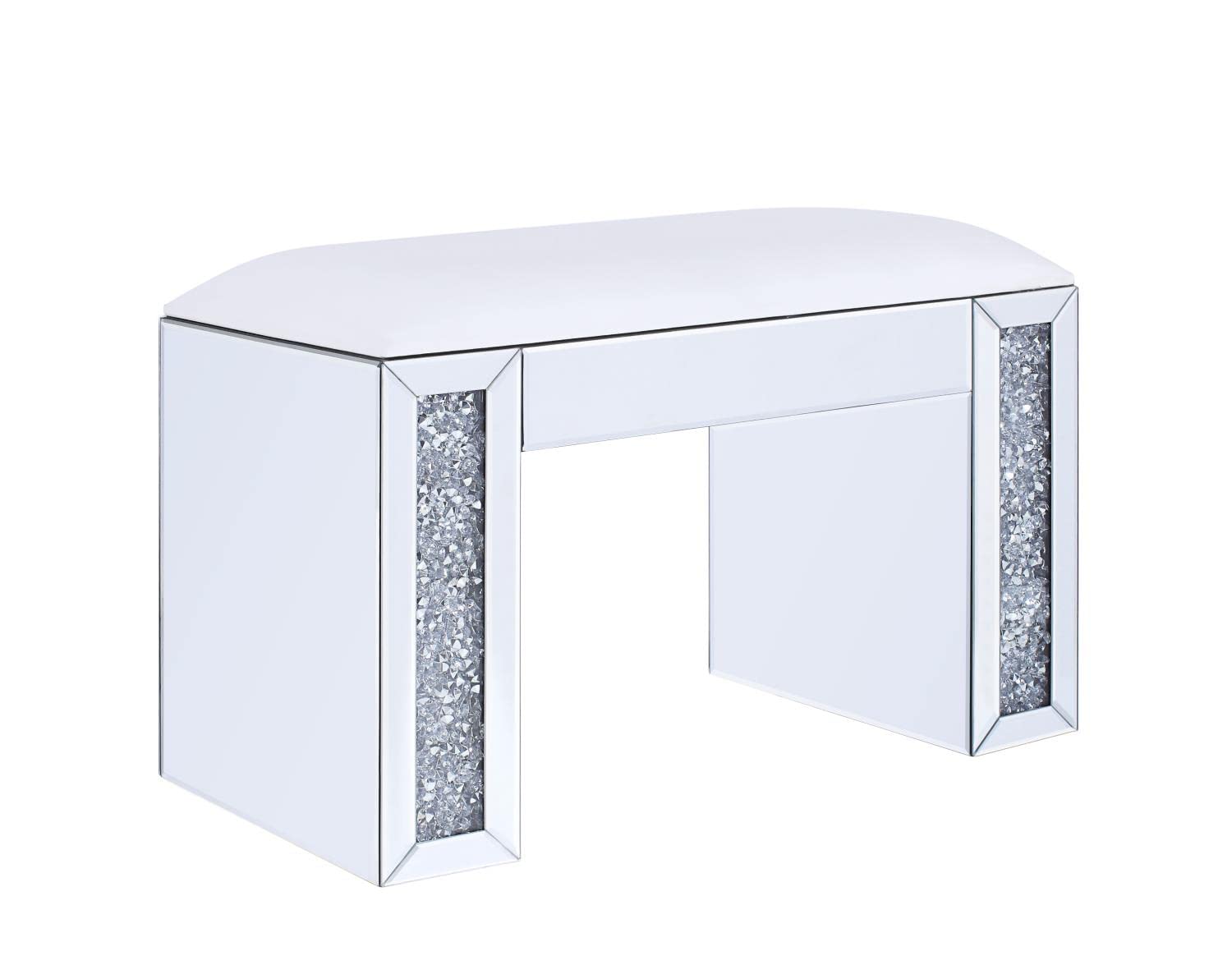 ACME Noralie Vanity Stool with PU Leather Seat, Mirror Accents & Faux Diamond Decor - Elegant Makeup Chair for Dressing Room, Bedroom or Boudoir