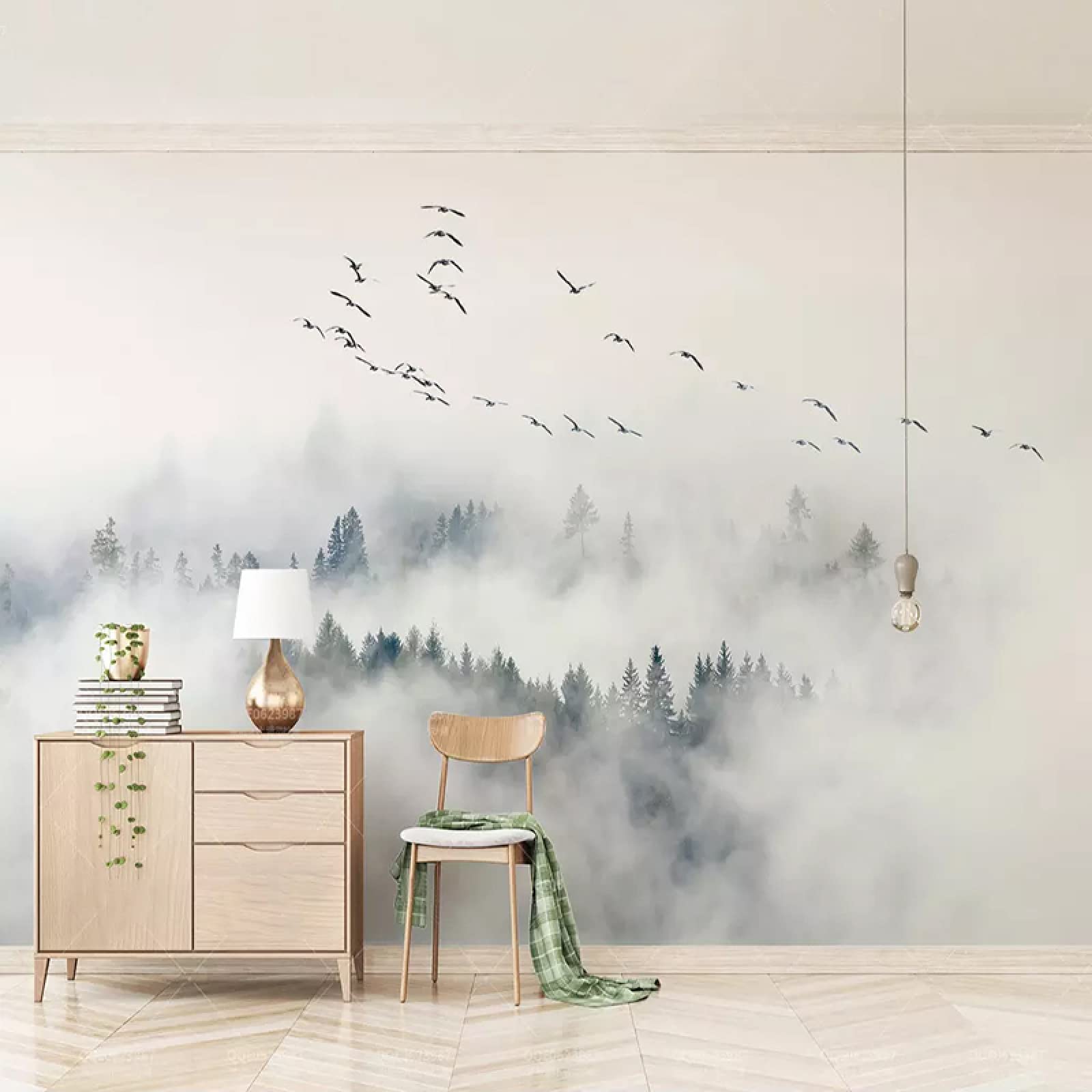 Custom Any Size Modern Bird Pine Forest Clouds Wall Mural Stickers - Bright Color Smooth Surface Decorative Vinyl Art for Dining Room, TV Wall, Bedroom - 169.3x118.2 inches (WxH) - Perfect for Home Decor, Office & Nursery Wall Art