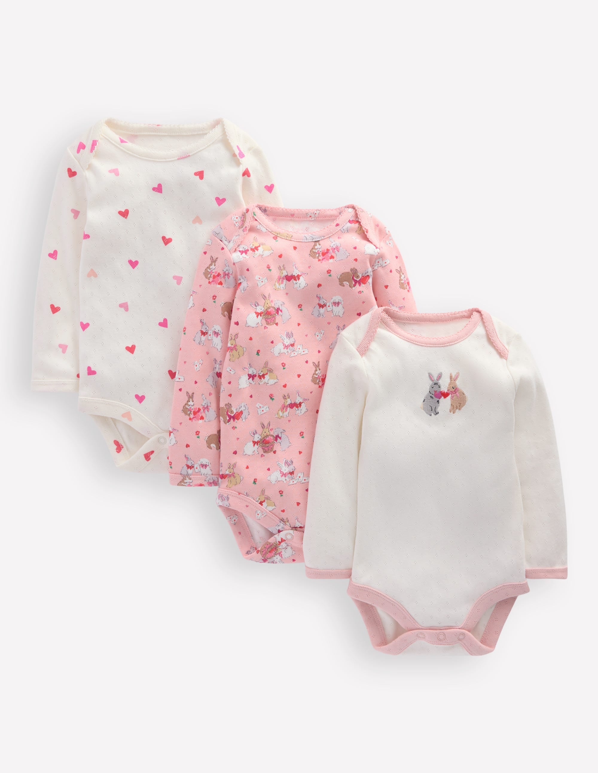 3 Pack Baby Girls' Pointelle Bodysuits - Pink Love Bunnies Design | Soft Cotton Onesies for Newborns & Infants | Perfect for Playtime, Nursery & Photo Shoots