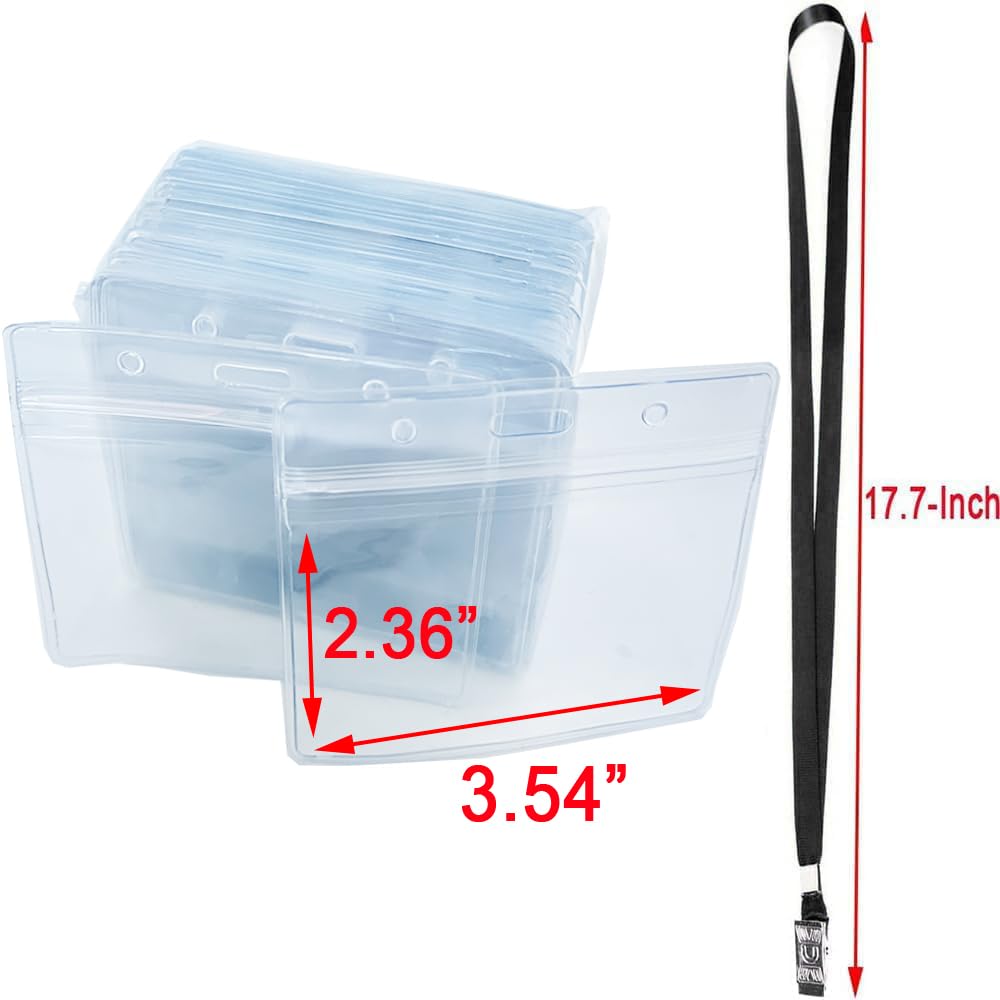 50 Pack Clear Waterproof ID Badge Holder with Lanyard - for School, Business & Events (Black Nylon)