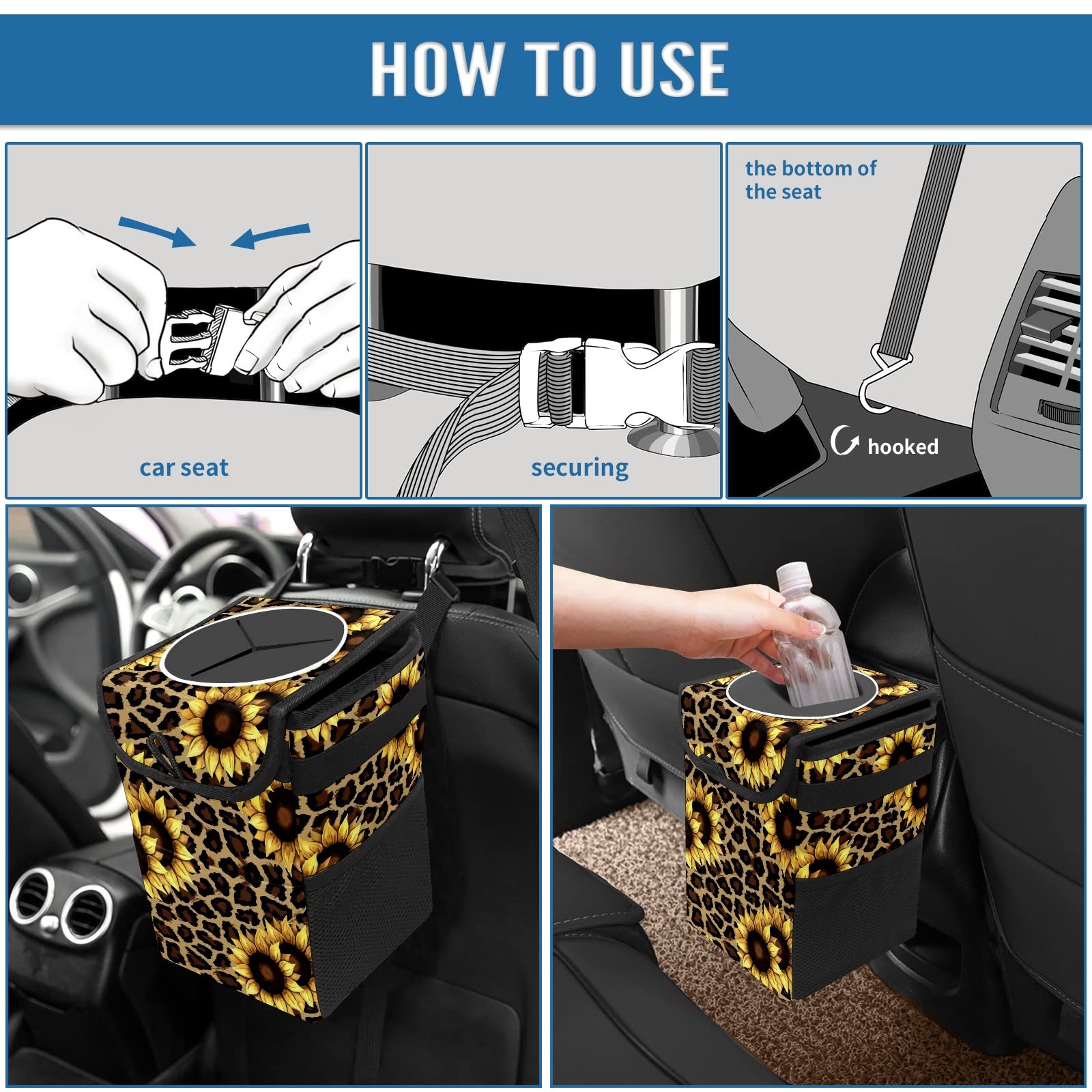 Leopard Sunflower Car Trash Can with Lid - Collapsible Reusable Waterproof Auto Garbage Bin for Car, Truck & SUV | Vehicle Interior Organizer Accessory | Perfect for Road Trips, Commuting & Family Travel