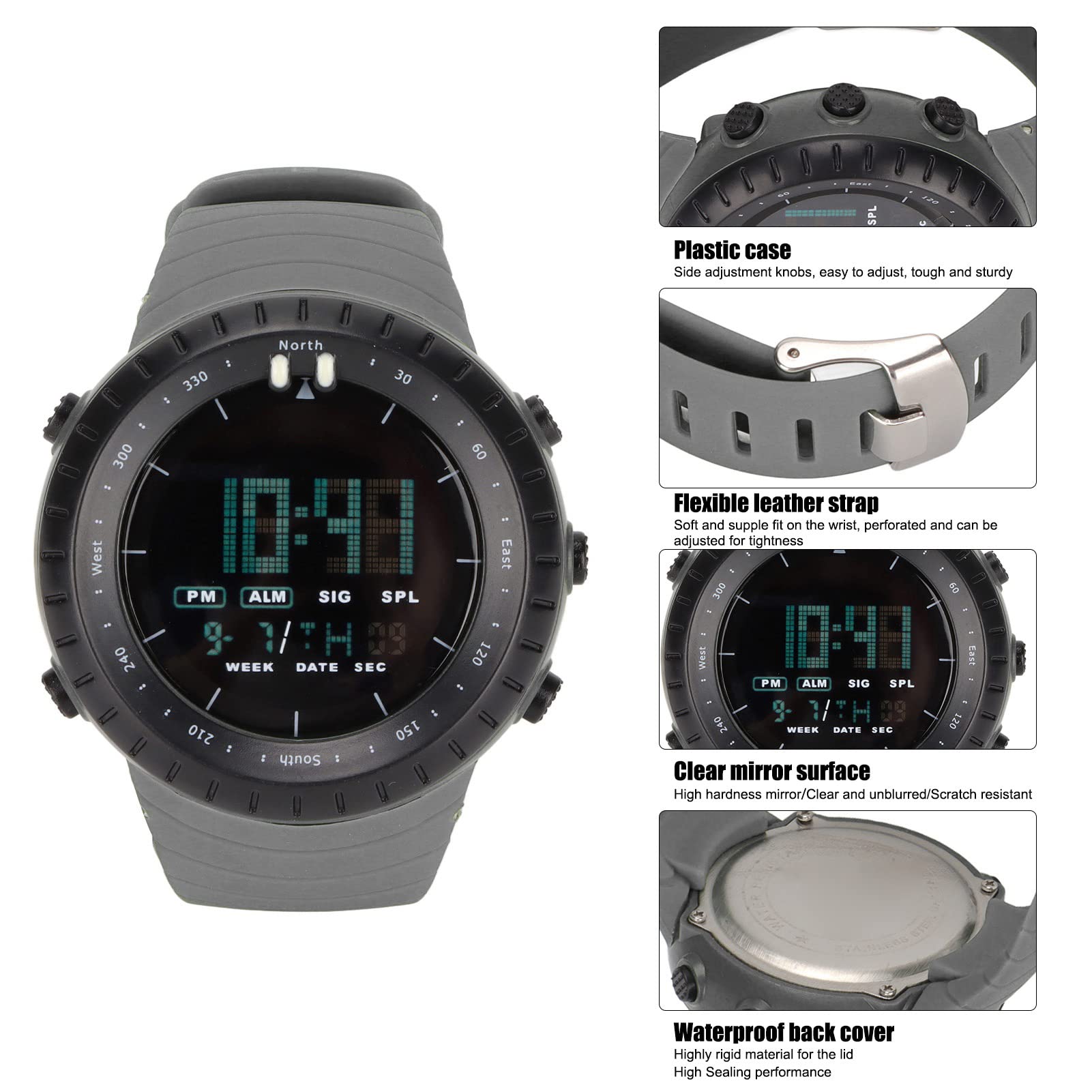 Men's Digital Outdoor Sports Watch - HZ500 Waterproof Multifunctional Electronic Wristwatch with LCD Backlight & Large HD Screen | Perfect for Running, Cycling, Hiking, Camping & Casual Wear (Grey)