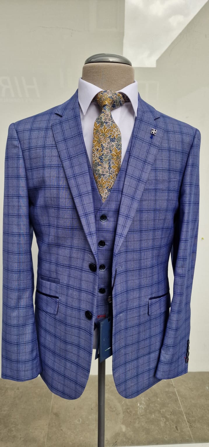 Cavani Tamara Blue Check Tailored Fit 3 Piece Suit for Men - Size 36R Jacket with 32R Trousers - Premium Business Formal Wear for Office, Weddings & Special Occasions