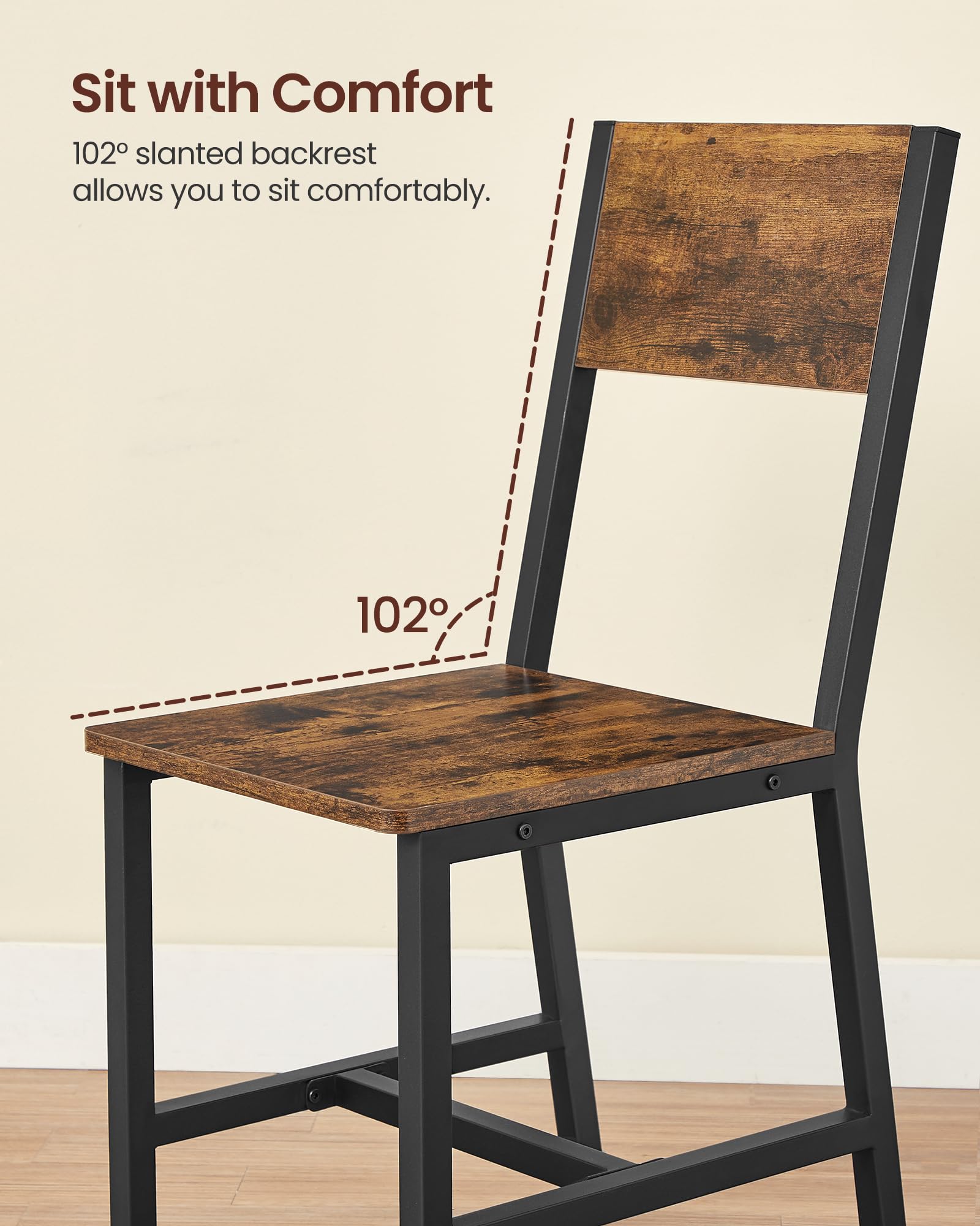 VASAGLE 4-Piece Rustic Wood Dining Chairs with Sturdy Metal Frame - Easy Assembly, Comfortable Seating for Kitchen, Bedroom & Living Room - Modern Farmhouse Style in Brown & Black | Perfect for Family Dinners, Home Office & Cozy Gatherings