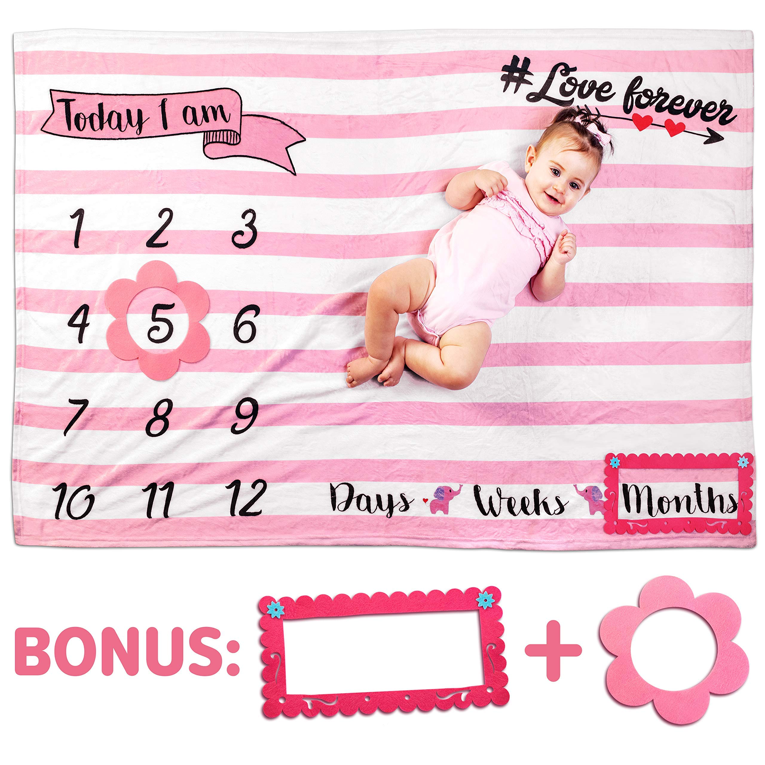 Blue & Pink Baby Monthly Milestone Blanket Set with Memory Book & 28 Stickers - Newborn Photo Props, First Year Keepsake, Baby Shower Gift for Boys & Girls
