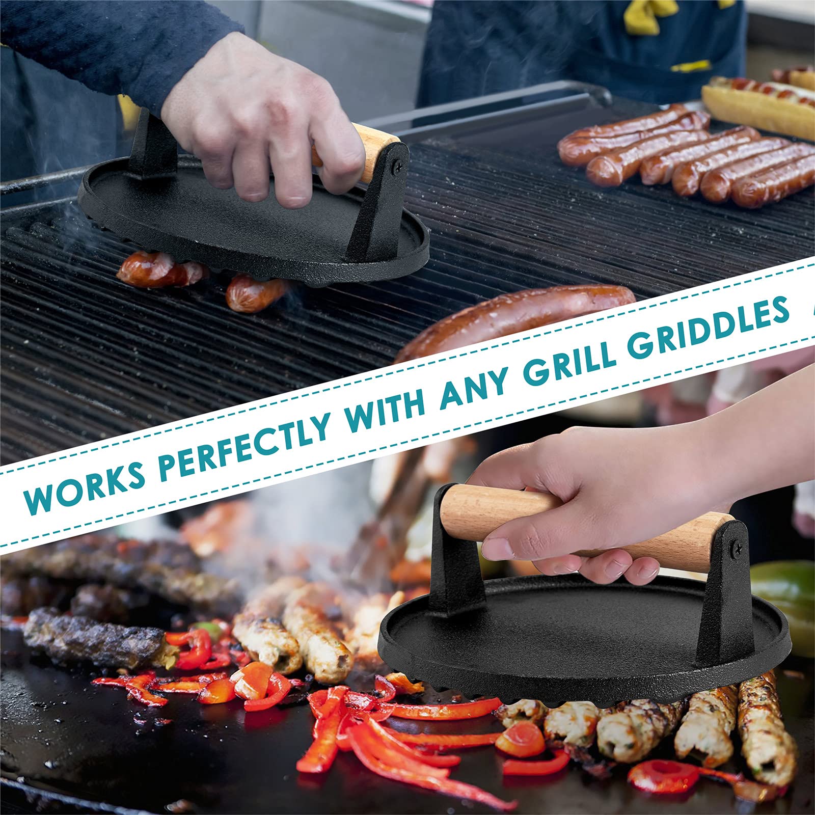 HaSteeL Single Cast Iron Grill Press - Heavy Duty 7 Inch Bacon Burger Press with Wooden Handle | Pre-Seasoned Steak Weight for Flat Top Griddle, Teppanyaki, BBQ | Perfect for Indoor & Outdoor Cooking, Camping, Backyard Grilling & Restaurant Use