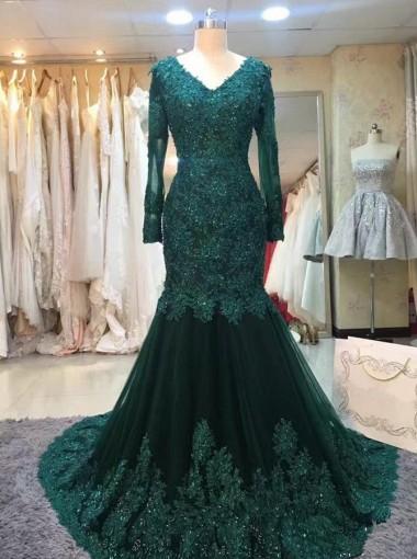 Emerald Green Long Sleeve Lace Mermaid Evening Gown - Elegant Prom Dress for Women | Perfect for Formal Dances, Weddings & Special Occasions