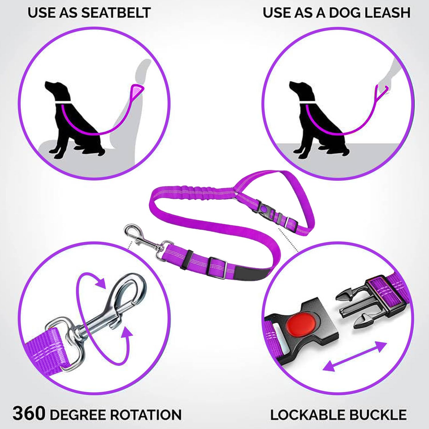 Premium Dog Car Seat Belt - Durable Nylon Elastic Pet Safety Harness with Tangle-Free Headrest Strap - Secure Travel for Small & Medium Dogs - Perfect for Road Trips & Daily Commutes (Purple)