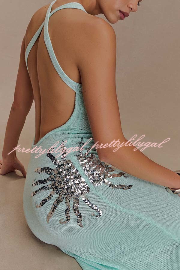 Sparkling Nights Knit Sunburst Sequin Maxi Dress with Cross Back Straps - Elegant Stretchy Party Gown for Evening Events, Prom, Wedding & Special Occasions