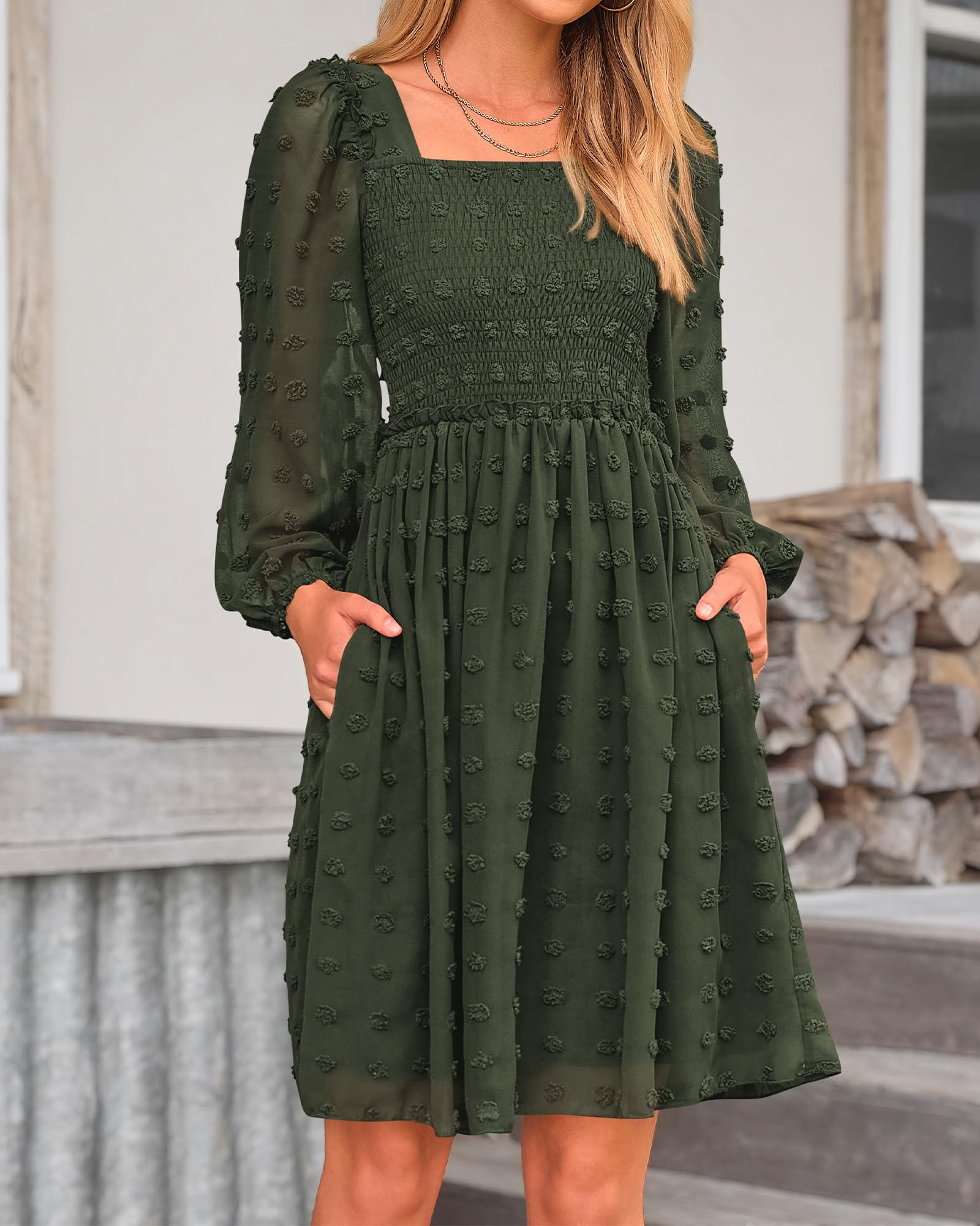 BTFBM Women's Floral Swiss Dot Smocked Mini Dress - Square Neck Long Sleeve Boho Wedding Guest Dress for Spring Summer 2025 | Perfect for Garden Parties, Bridal Showers & Date Nights