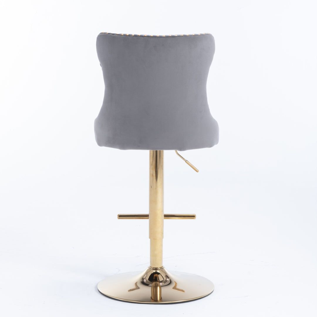 Adjustable Height Swivel Bar Stool with Footrest - Velvet Upholstery, Studded Design & Golden Base (Grey) - Perfect for Kitchen Islands, Home Bars & Dining Counter Stools
