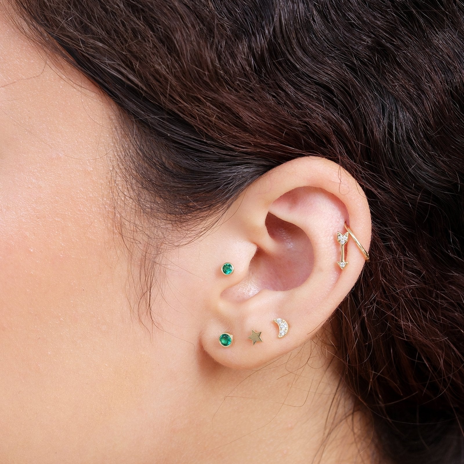 14K Yellow Gold Crescent Moon Stud Earrings with Gemstones | Flat Back Design for Comfort | Perfect for Everyday Wear, Gifts & Special Occasions