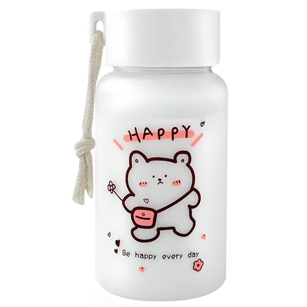 **17oz Kawaii Frosted Water Bottle - Cute Aesthetic Milk White Portable Water Jug with Lanyard for Kids & Adults - Perfect for School, Sports, Gym, Office & Outdoor Activities (Happy Bear Design)**