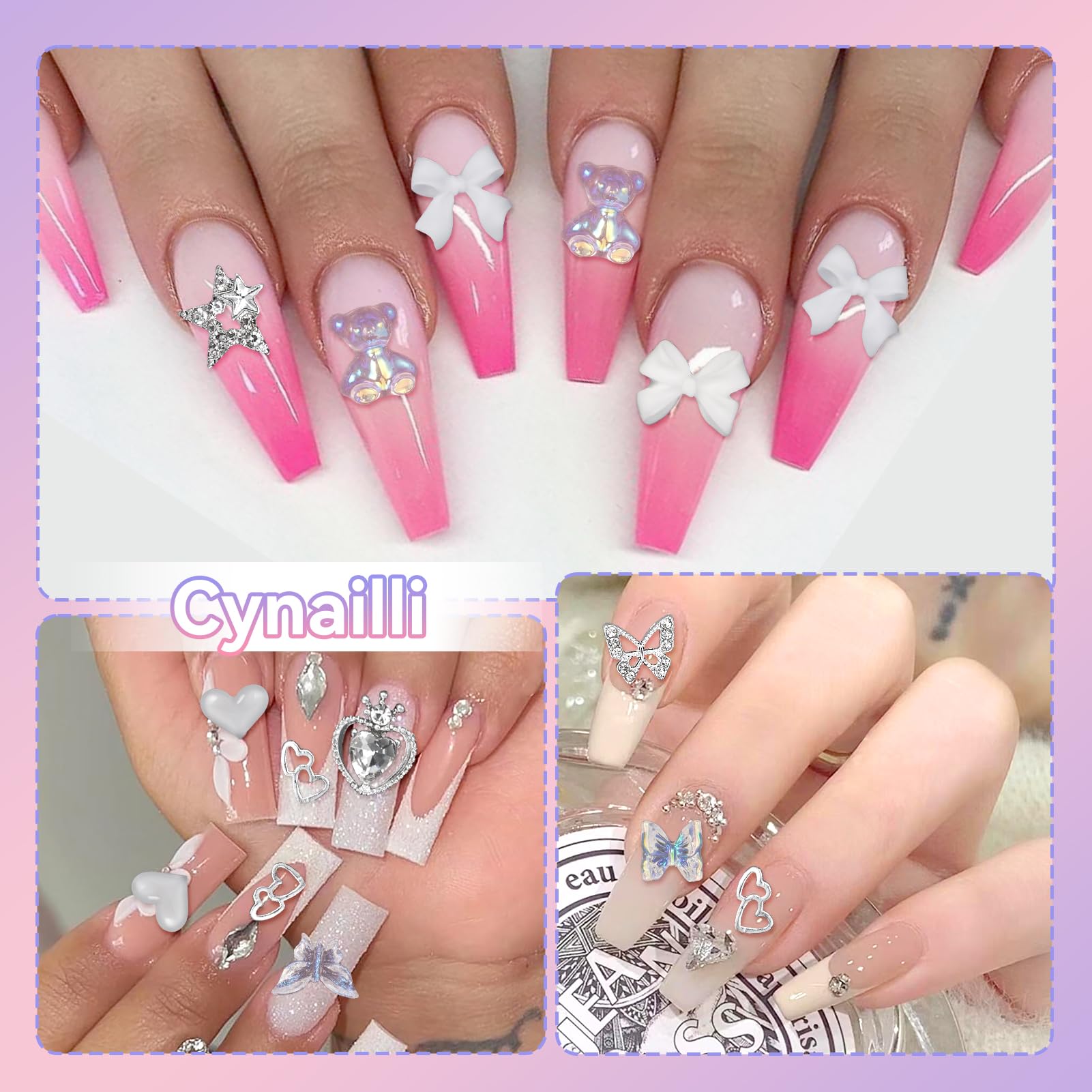 3D White Nail Charms and Gems Set - Assorted Bow, Flower, Bear, Silver Crown, Butterfly, Star & Cherry Rhinestones for Nail Art DIY | Includes Pickup Tools | Perfect for Salon, Home Manicures & Party Nail Designs