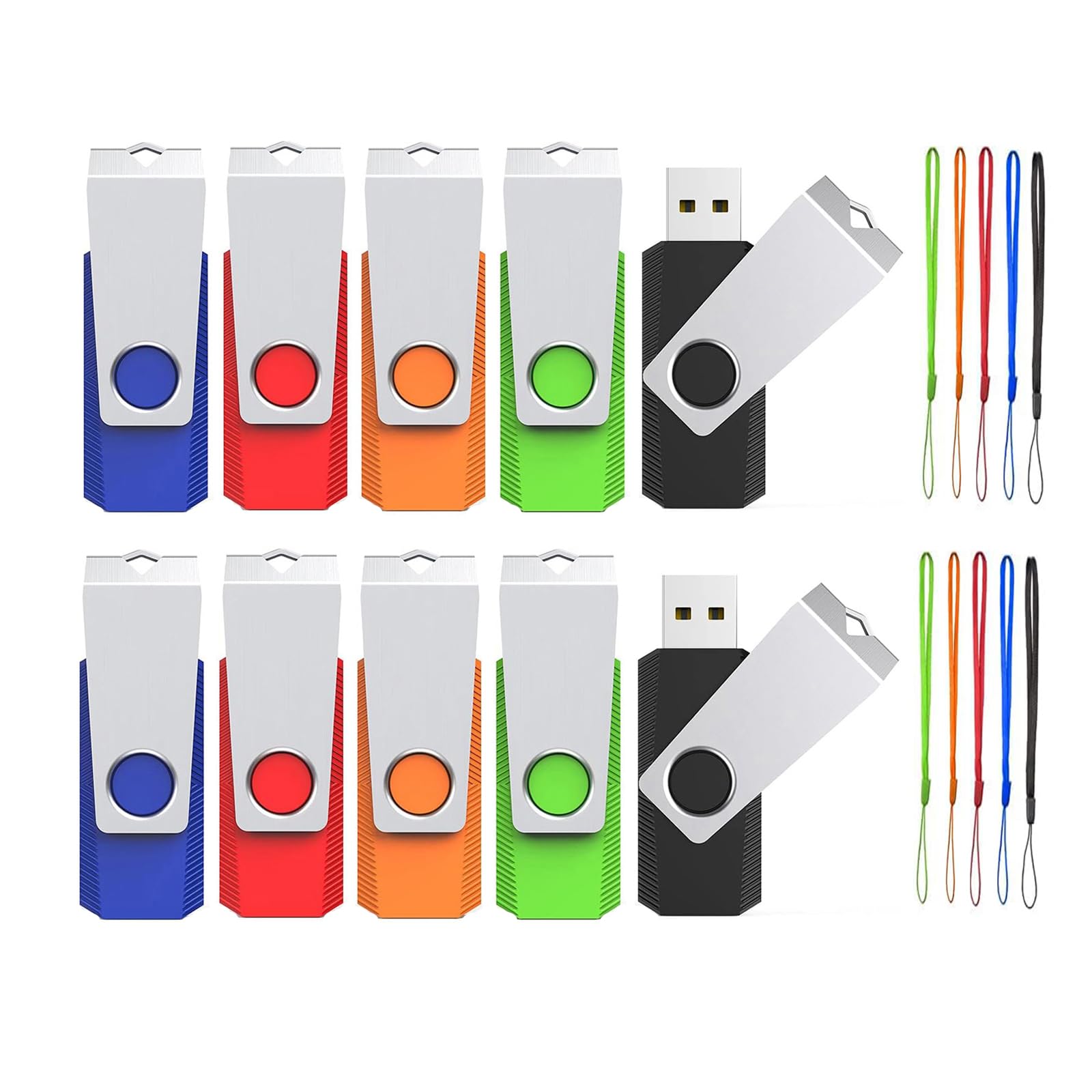 32GB USB Flash Drive 10-Pack - Swivel Thumb Drives with Lanyards for School & Office Use