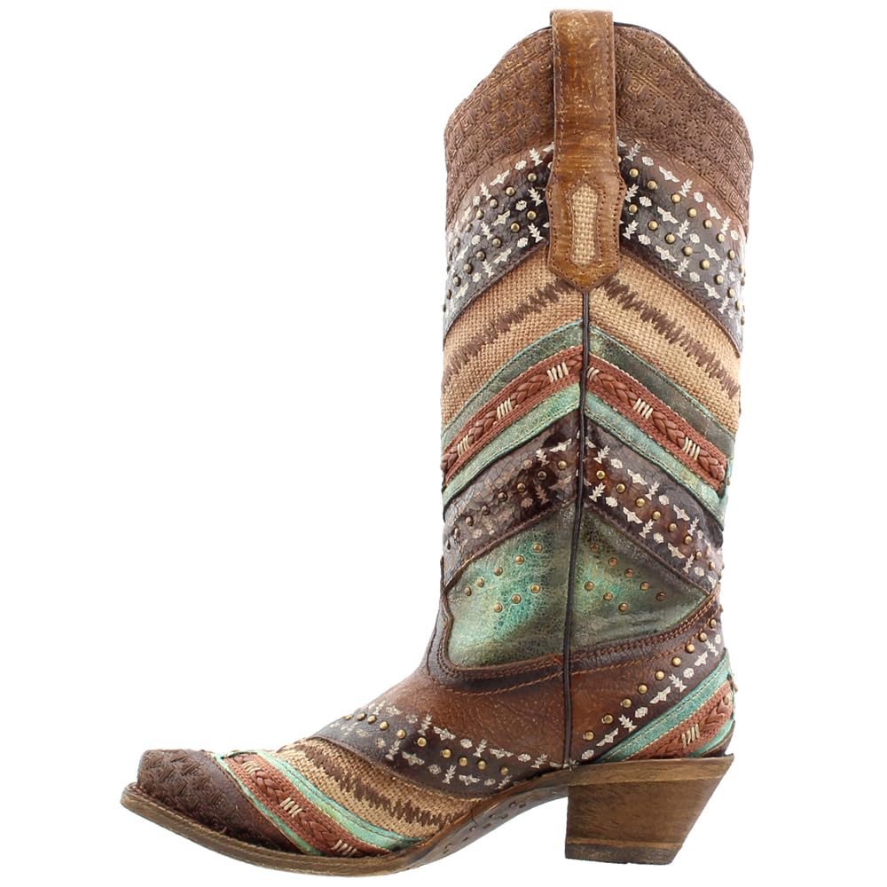 Women's Southwest Tooled-Inlay & Studs Snip Toe Corral Boots - Brown Mid Calf Casual Boots with 2-3