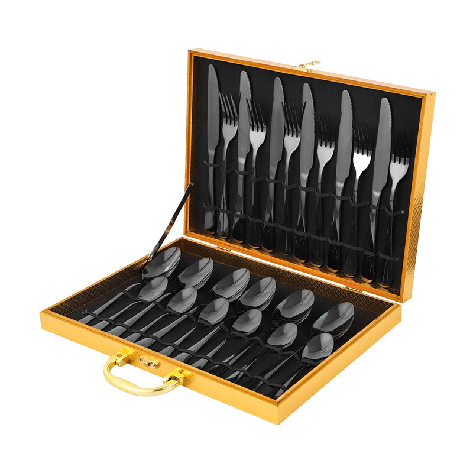 MEIYIJIA 24-Piece Gold Flatware Set - Mirror Polished Stainless Steel Cutlery Set for 6 People (Knives, Forks, Spoons) - Dishwasher Safe with Elegant Storage Box - Perfect for Dinner Parties, Weddings & Holiday Gatherings (Black, 24-Piece Set)