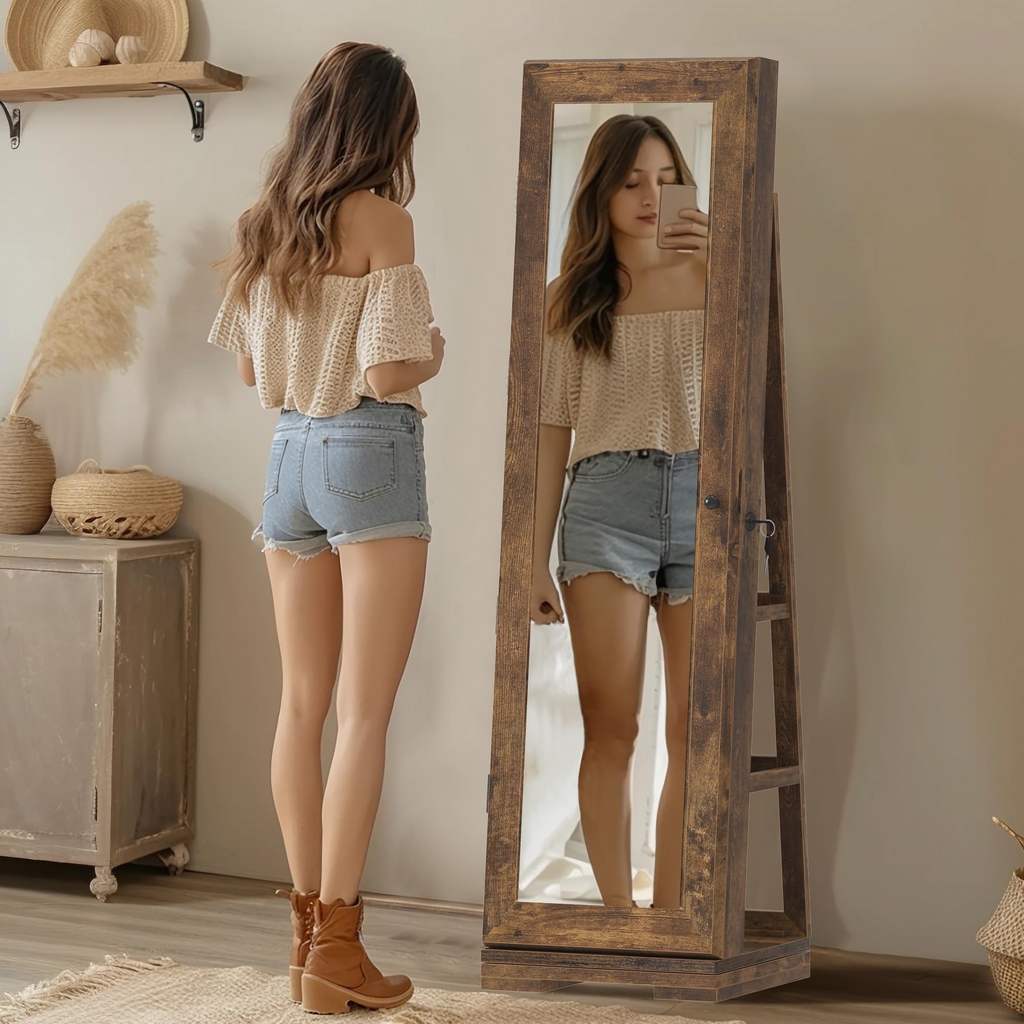 Soges 360° Swivel Jewelry Mirror Cabinet with Back Storage Shelves - Full Length Standing Rotating Mirror with Jewelry Organizer & Lockable Doors - Rustic Brown Armoire for Bedroom, Dressing Room & Closet Organization