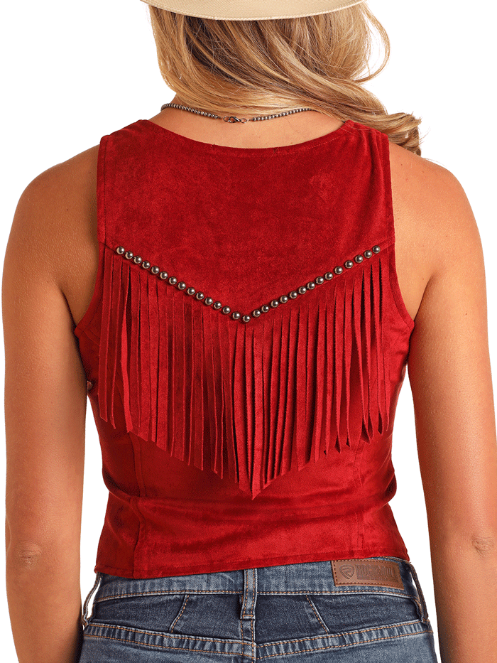 Rock & Roll Denim BW98C05918 Women's Studded Microsuede Fringe Vest - Red | Boho Chic Jacket for Concerts, Festivals & Casual Outfits
