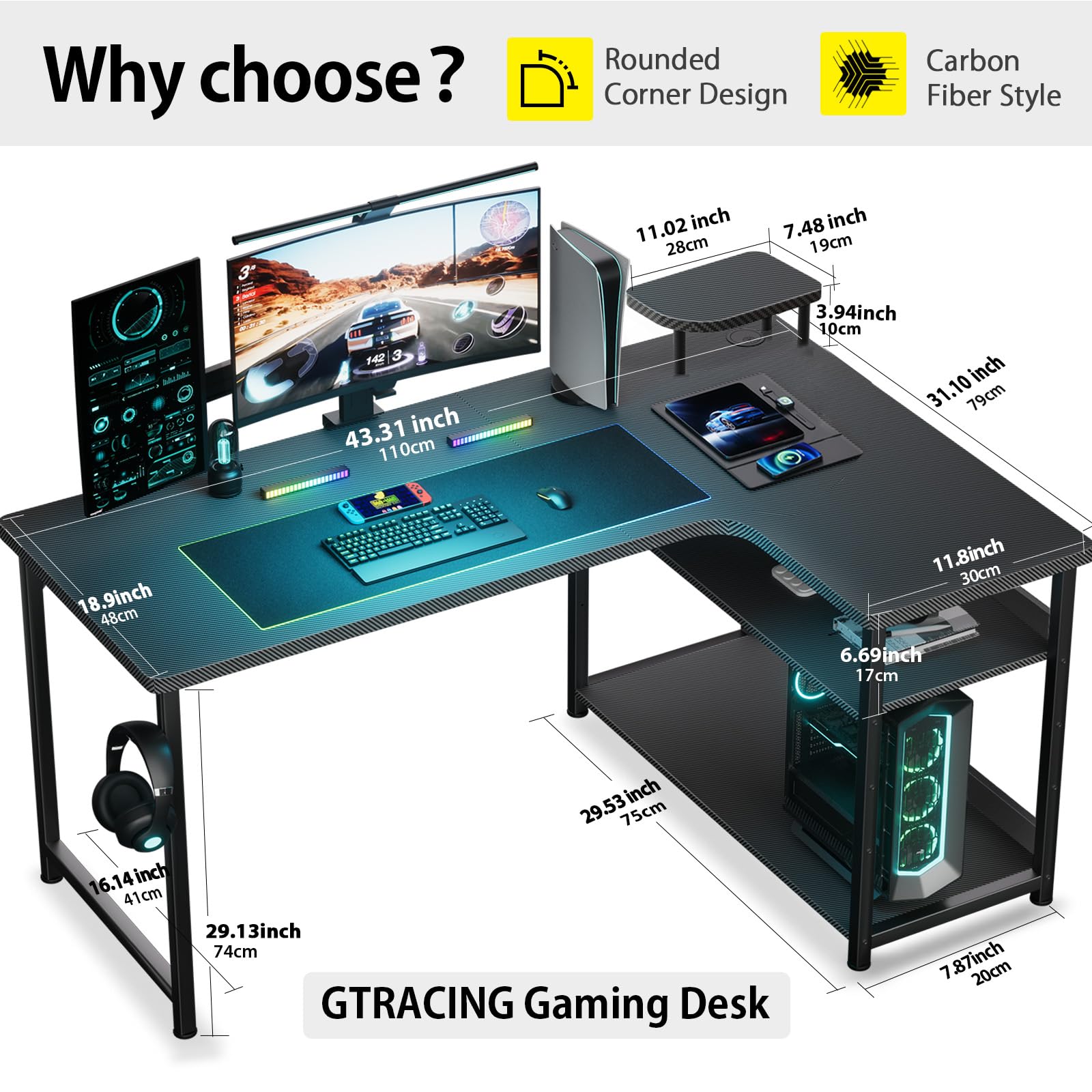 GTRACING L-Shaped Gaming Desk - Carbon Fiber Style Computer Desk with Monitor Arm & Storage Shelves, Adjustable Shelf Height, Easy to Assemble - Perfect for Home Office, Gaming Setup & Workspace Organization