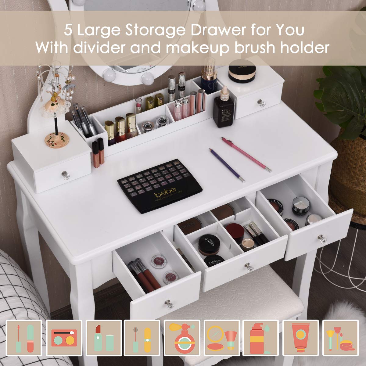 Charmaid White Makeup Vanity Table with LED Lighted Mirror - 10 Adjustable Brightness Lights, 5 Drawers & Removable Organizer, Dressing Desk with Stool for Bedroom, Bathroom & Beauty Salon