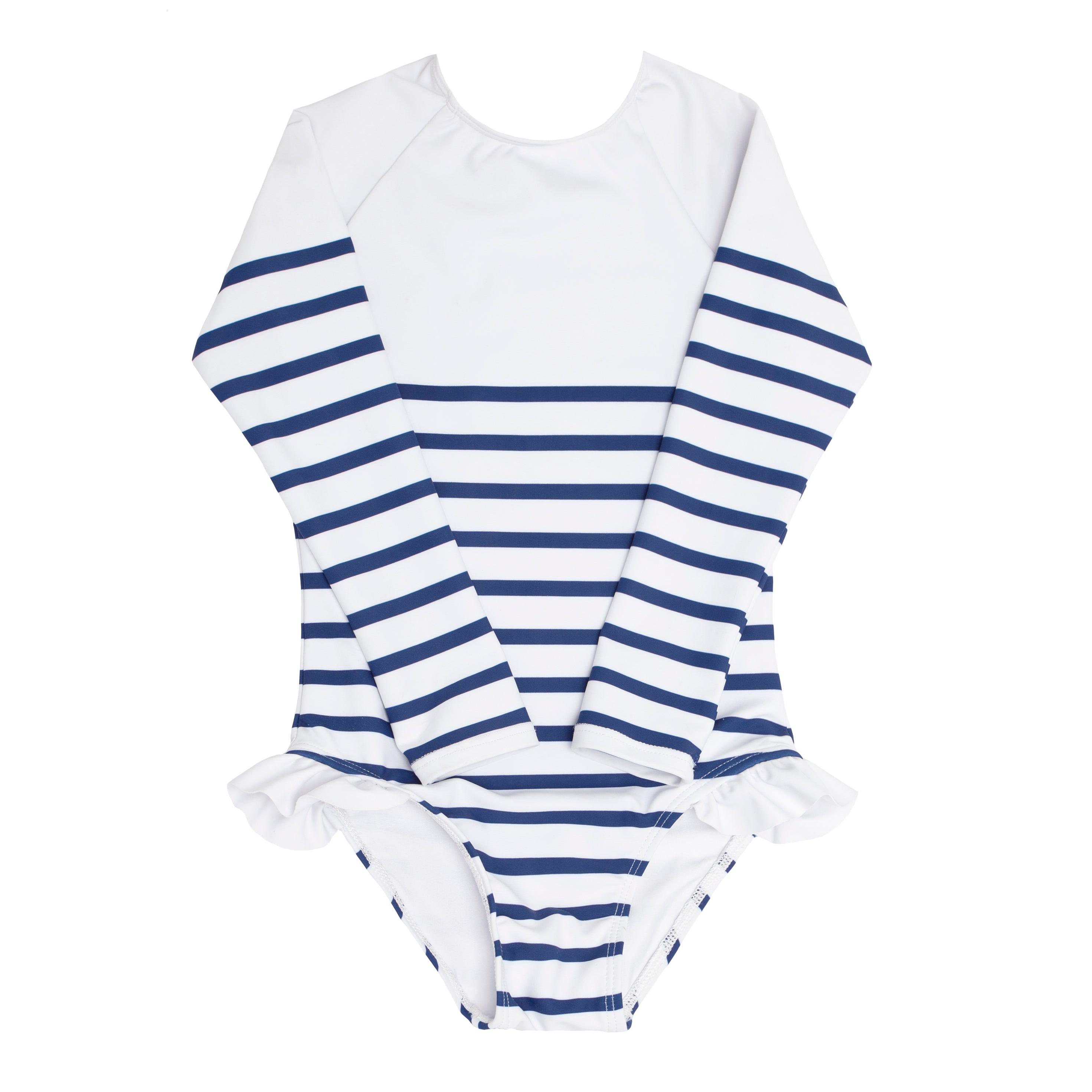 Girls Breton Stripe Rashguard One Piece - UPF 50+ Sun Protection Swimwear for Toddler & Kids - Perfect for Beach, Pool & Water Sports