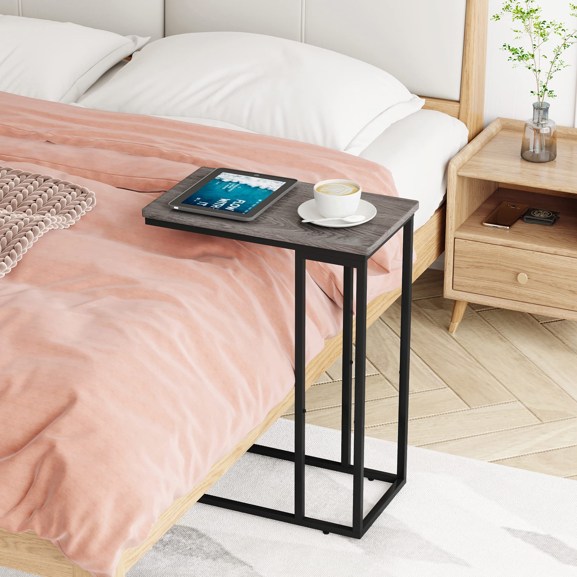 Slim Narrow C-Shaped End Table for Sofa & Bed - Slide Under Furniture, Small Space-Saving Side Table for Living Room, Bedroom, Office - Easy Assembly Grey - Perfect for Coffee, Laptop, Snacks & Reading