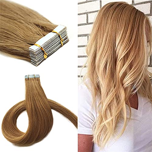 Seamless Tape-In Human Hair Extensions - Invisible Skin Wefts Brazilian Remy Hair - Balayage Ombre Colors 16-24 Inch (20 Pieces) - 16 Ash Blonde 16 Inch 30g - Perfect for Daily Wear, Parties & Special Occasions