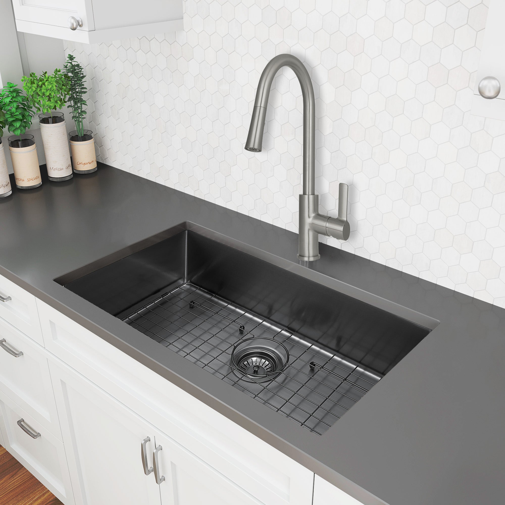 Prestige Series 30-Inch Undermount Single Bowl Stainless Steel Kitchen Sink with Grid & Strainer - Gunmetal PVD Nano Coating for Modern Kitchens & Restaurant Use