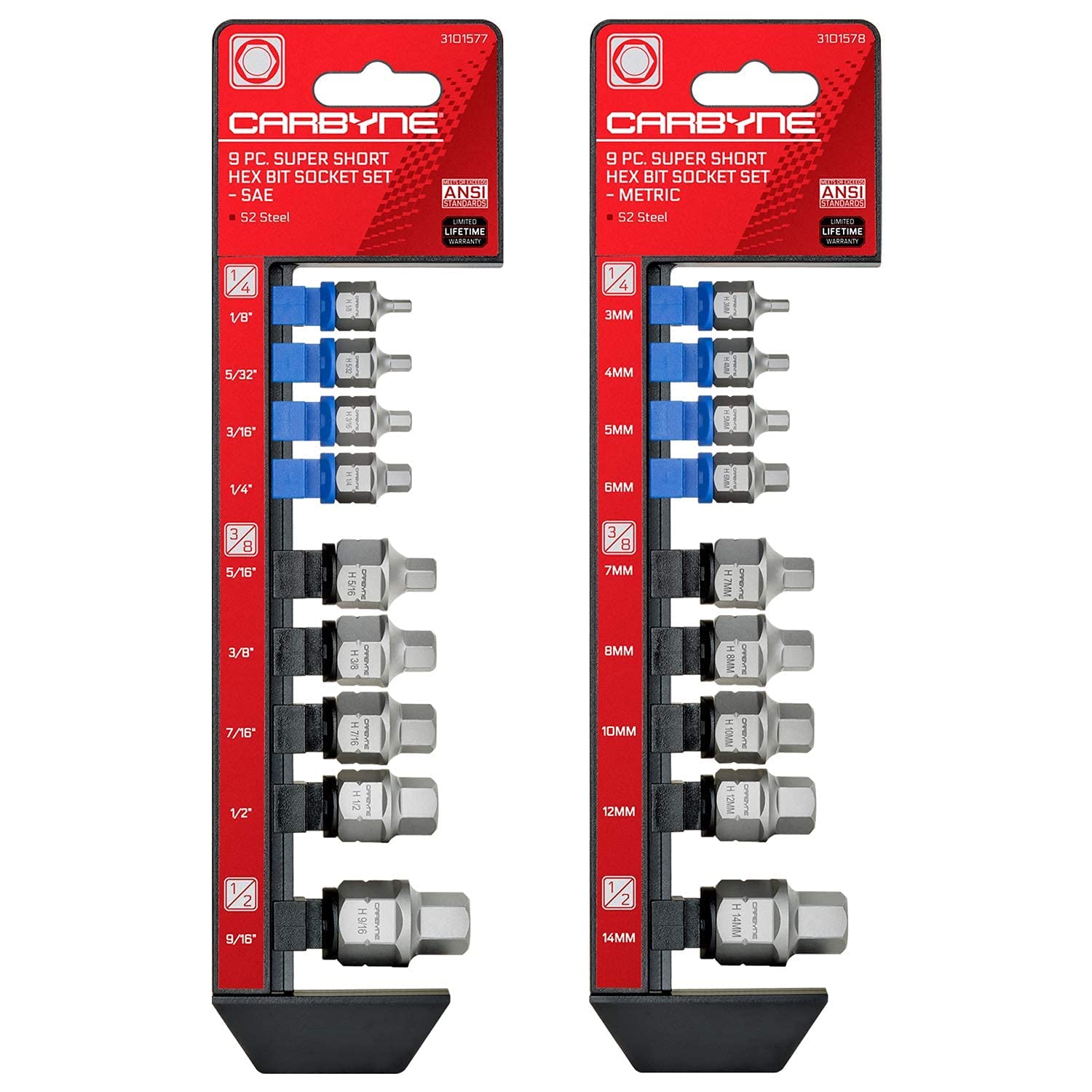 CARBYNE 2 Super Short Bit Socket Set - 9-Piece SAE Hex & 9-Piece Metric Hex for Tight Spaces & Automotive Repairs
