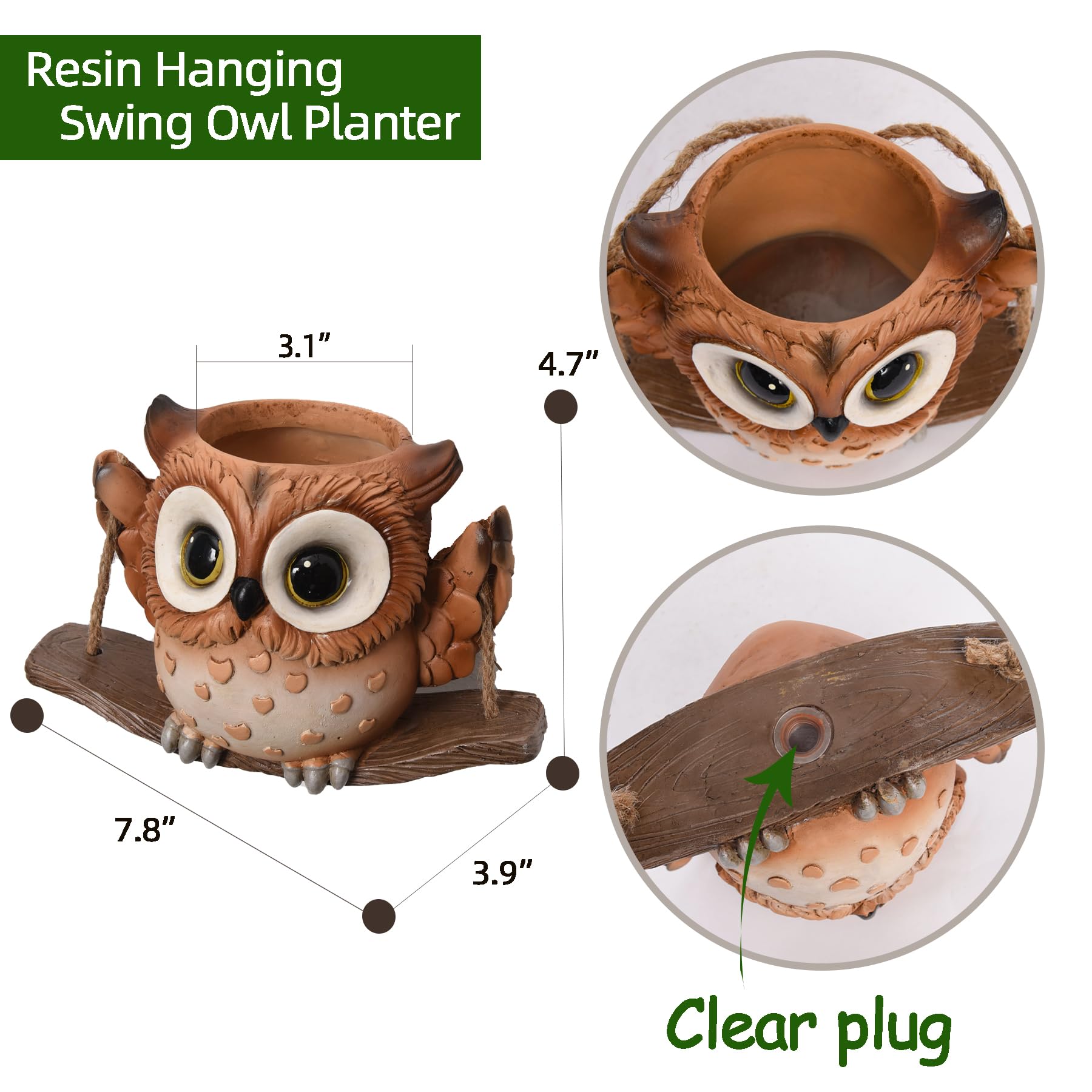 Swing Owl Hanging Planters for Indoor & Outdoor Plants - Small Succulent Pots with Drainage Hole - Unique Resin Plant Hangers for String of Pearls - Perfect Mother's Day Gift Idea for Home, Garden, and Balcony Decor