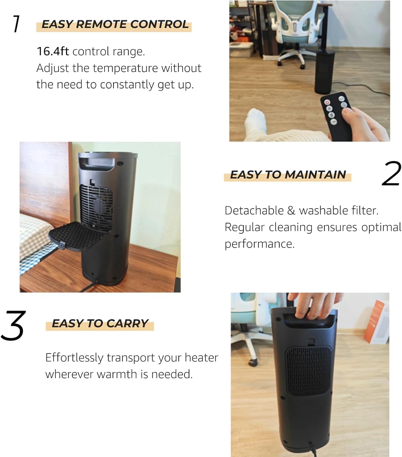 Portable Space Heater 1500W with Adjustable Thermostat & Remote Control - 70° Oscillation, 4 Heating Modes, 1-12H Timer - PTC Ceramic Electric Heater for Office, Bedroom, Large Room - Perfect for Winter Home & Office Warming