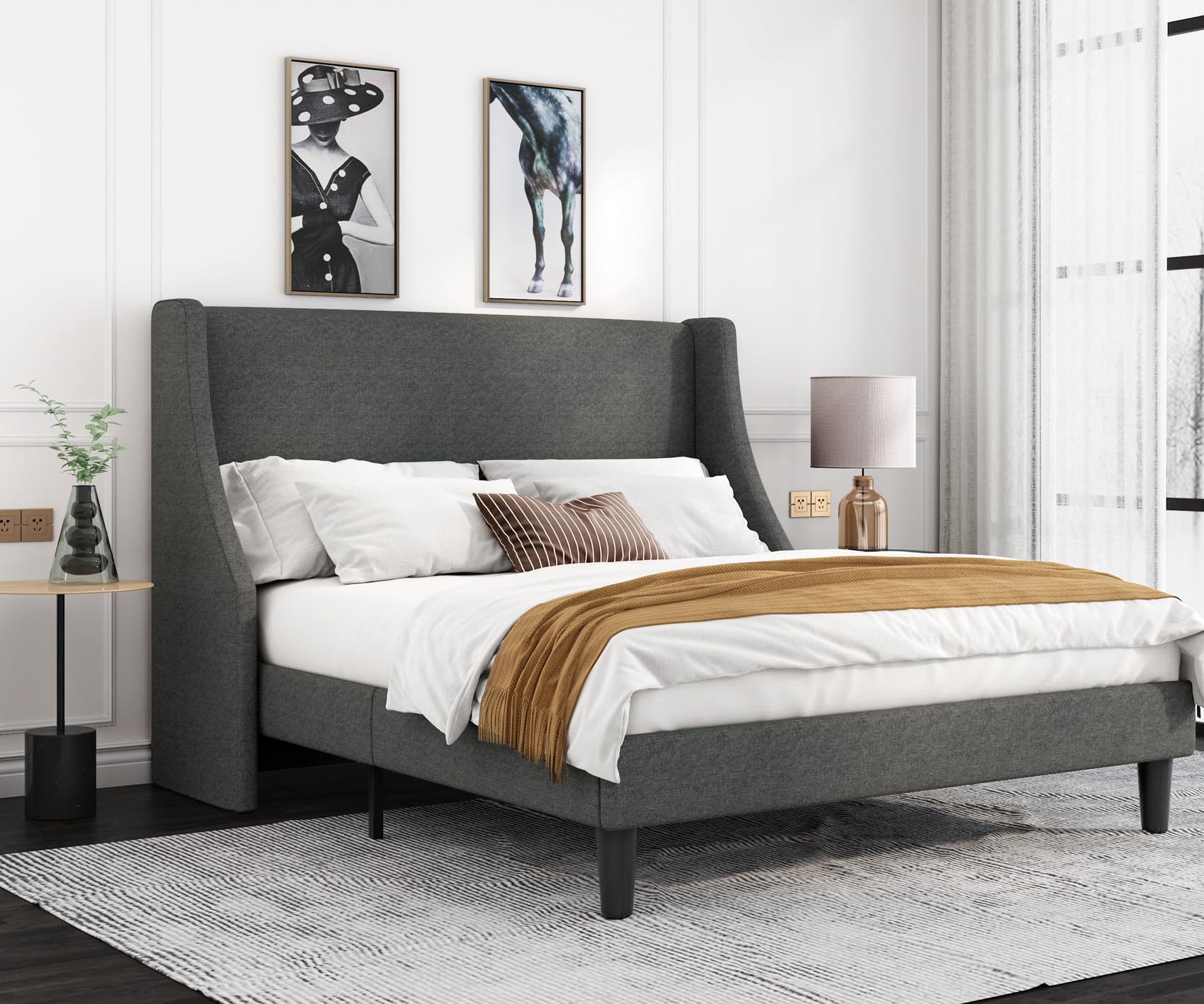 Allewie Full Size Platform Bed Frame with Upholstered Headboard - Modern Wingback Design, Wood Slat Support, Dark Grey - Perfect for Master Bedroom, Guest Room & Small Space