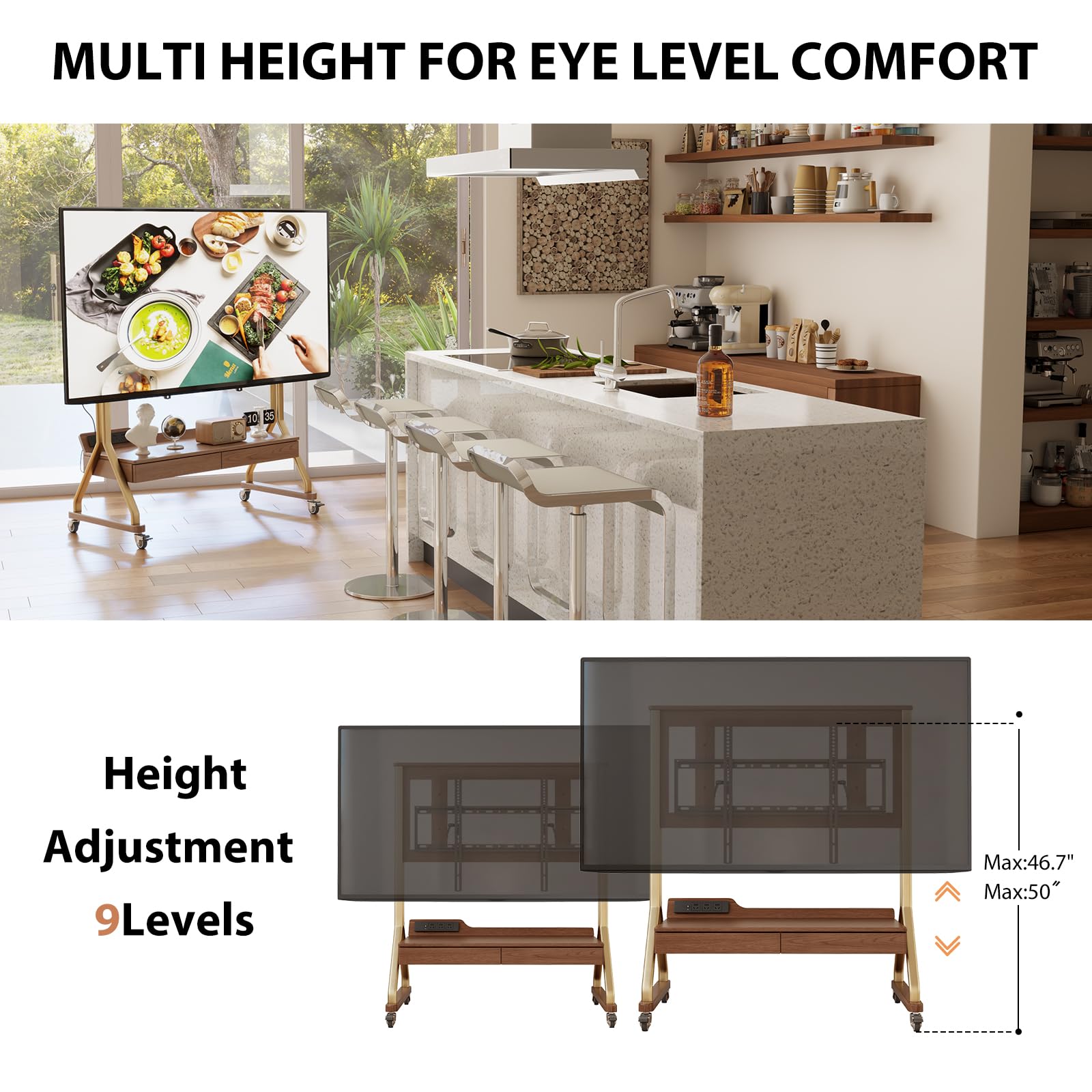 **Solid Wood TV Stand for 40-75 Inch TVs – Heavy Duty 300lbs Capacity, Adjustable Height, Rolling TV Cart with Storage – Modern Entertainment Center for Living Room, Bedroom, Home Theater (Walnut, DSG032)**