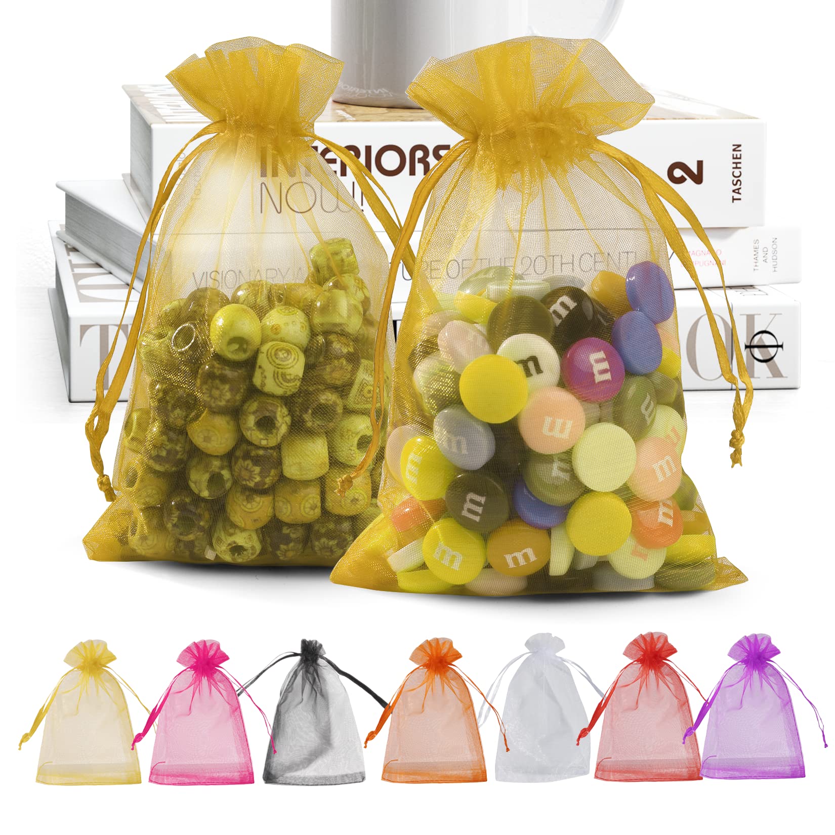 ANZNKU 100 Pack 4x6 Inch Premium Organza Drawstring Bags - Golden Jewelry Gift Bags for Wedding, Party & Christmas - Sheer Mesh Favor Bags for Rings, Candies, Small Gifts & Party Favors