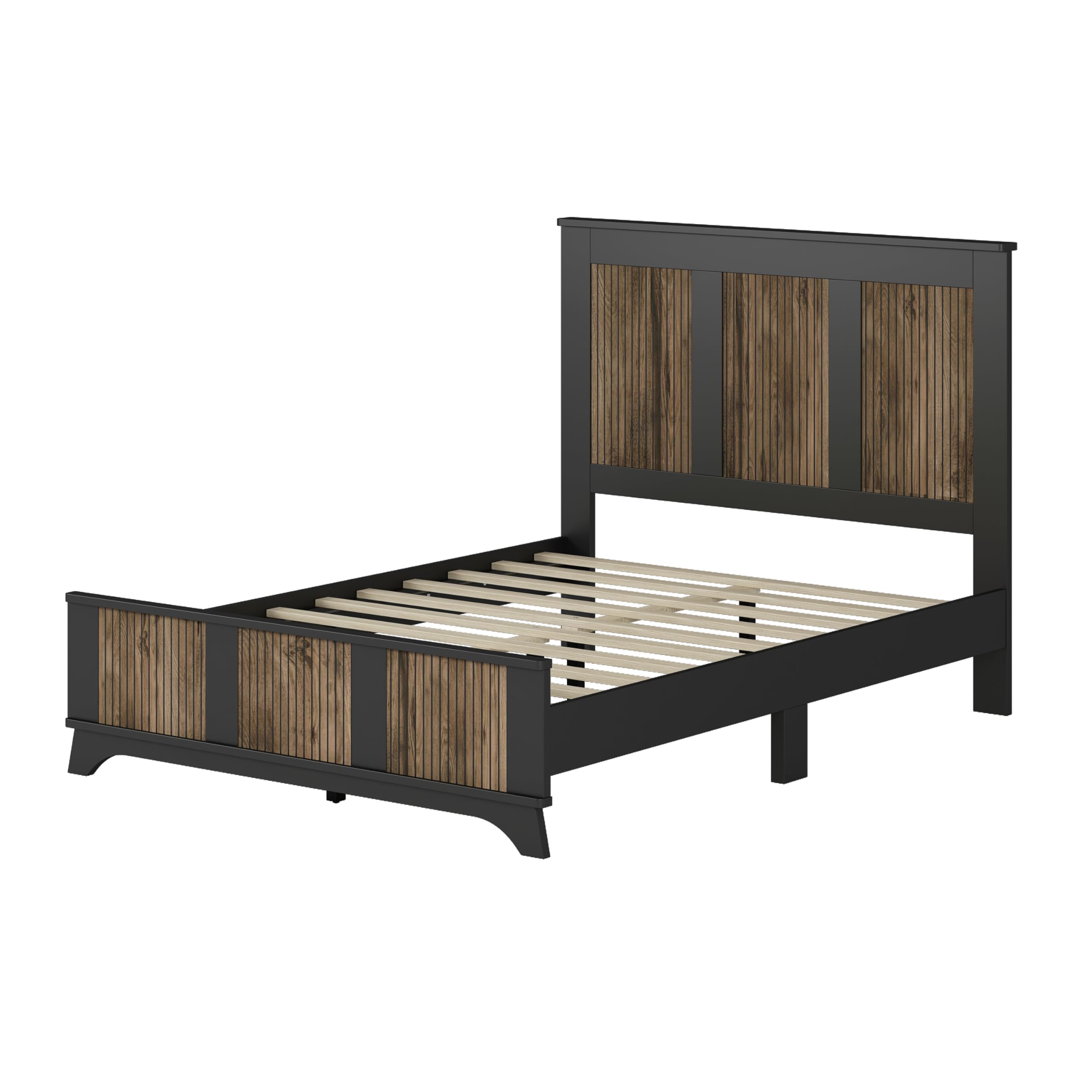 Farmhouse Queen Size Bedroom Set - 4-Piece Platform Bed with Wooden Strip Design, 2 Storage Nightstands & Dresser with Metal Handles, Black - Perfect for Rustic, Modern Farmhouse, or Industrial Style Bedrooms