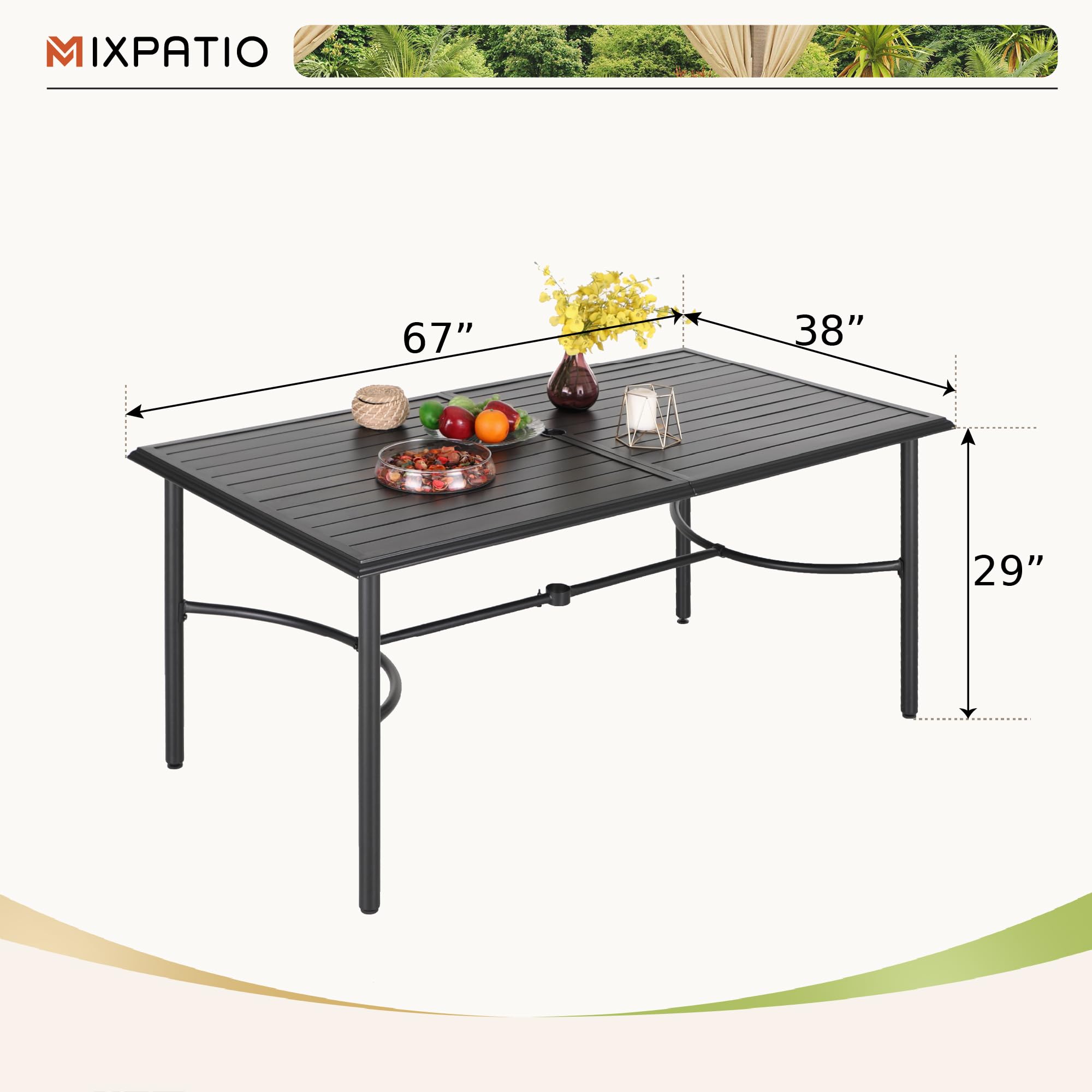 6-Person Outdoor Patio Dining Table with Umbrella Hole - Durable Metal Rectangle Table for Garden, Backyard, Porch | Perfect for Family Gatherings & Summer BBQs