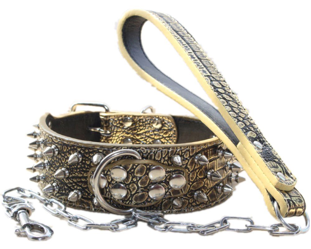 2 Inches Wide Heavy Duty Leather Spiked Studded Dog Collar with Chain Leash Set for Pitbull, Bulldog, Doberman - Gold Brown, Medium Size - Perfect for Training, Walking & Protection