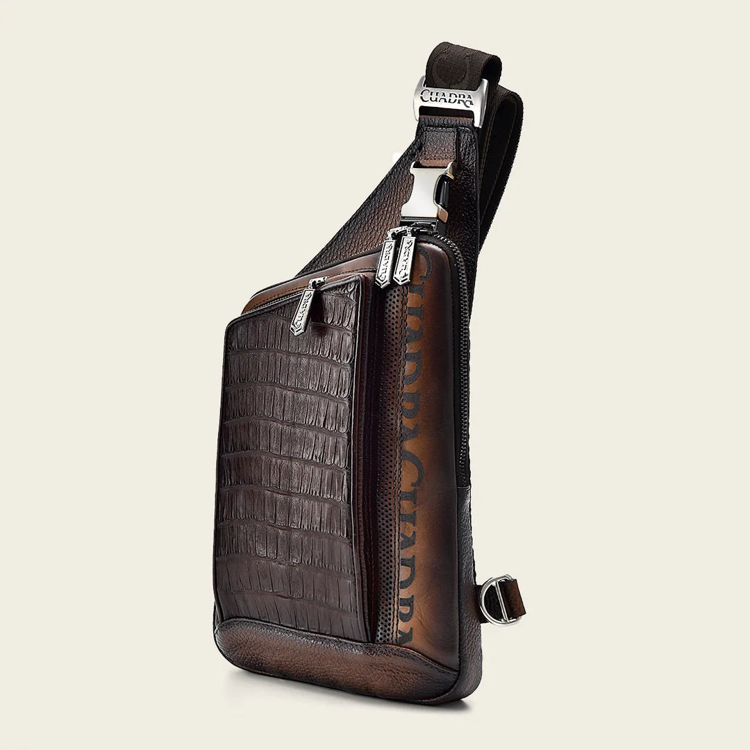 BOC22FC Genuine Caiman Leather Crossbody Messenger Bag for Men - Stylish Brown Casual Fashion Shoulder Bag - Perfect for Work, Travel & Daily Use