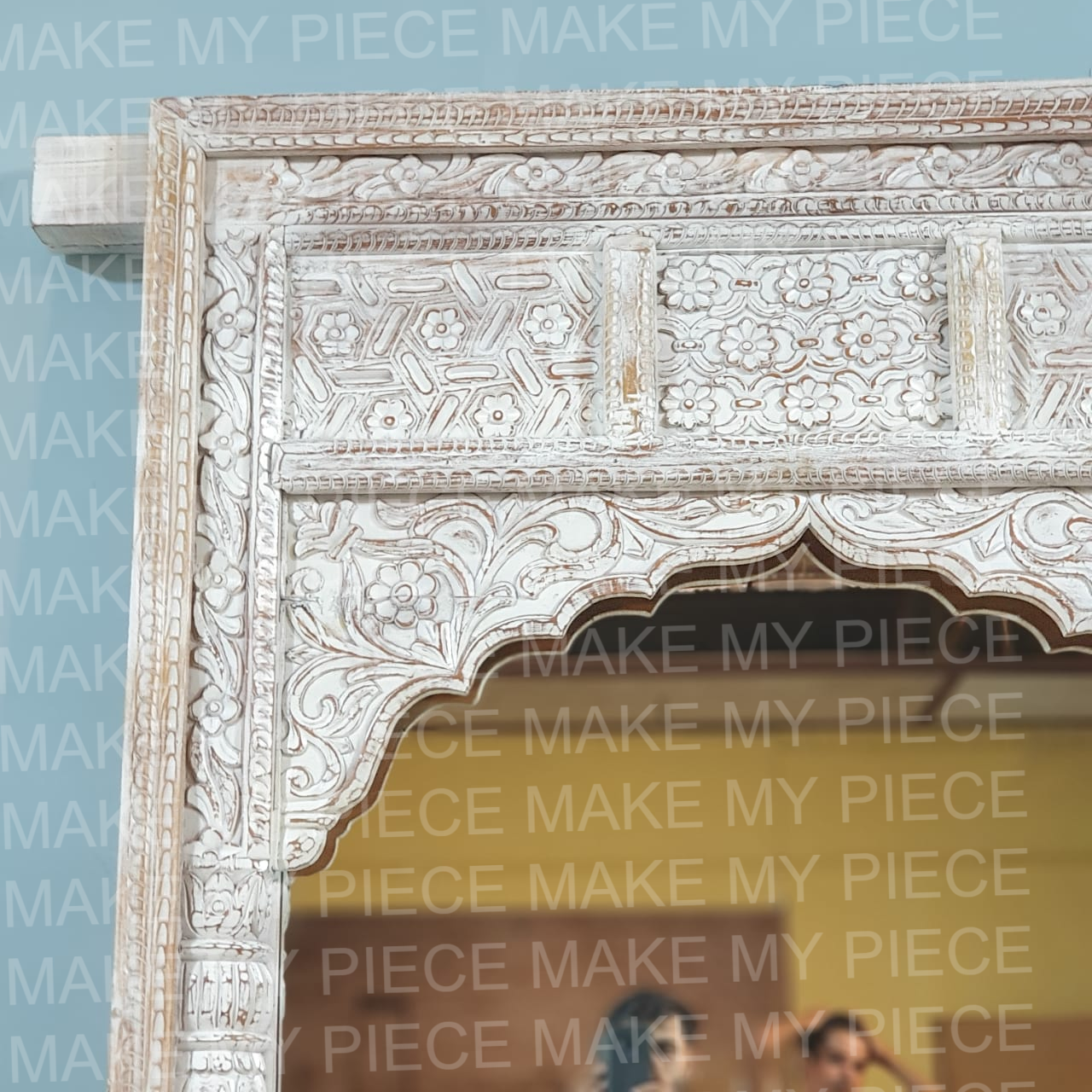 Hand Carved Indian Arch Mirror Frame with Bleach Finish - Deborah - Elegant Home Decor for Living Room, Bedroom, or Entryway