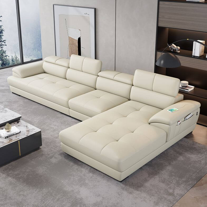 Mid Century Modern Leather Sectional Sofa with Cushion Back & Hidden Pocket Storage - Perfect for Living Room, Lounge & Home Theater Comfort
