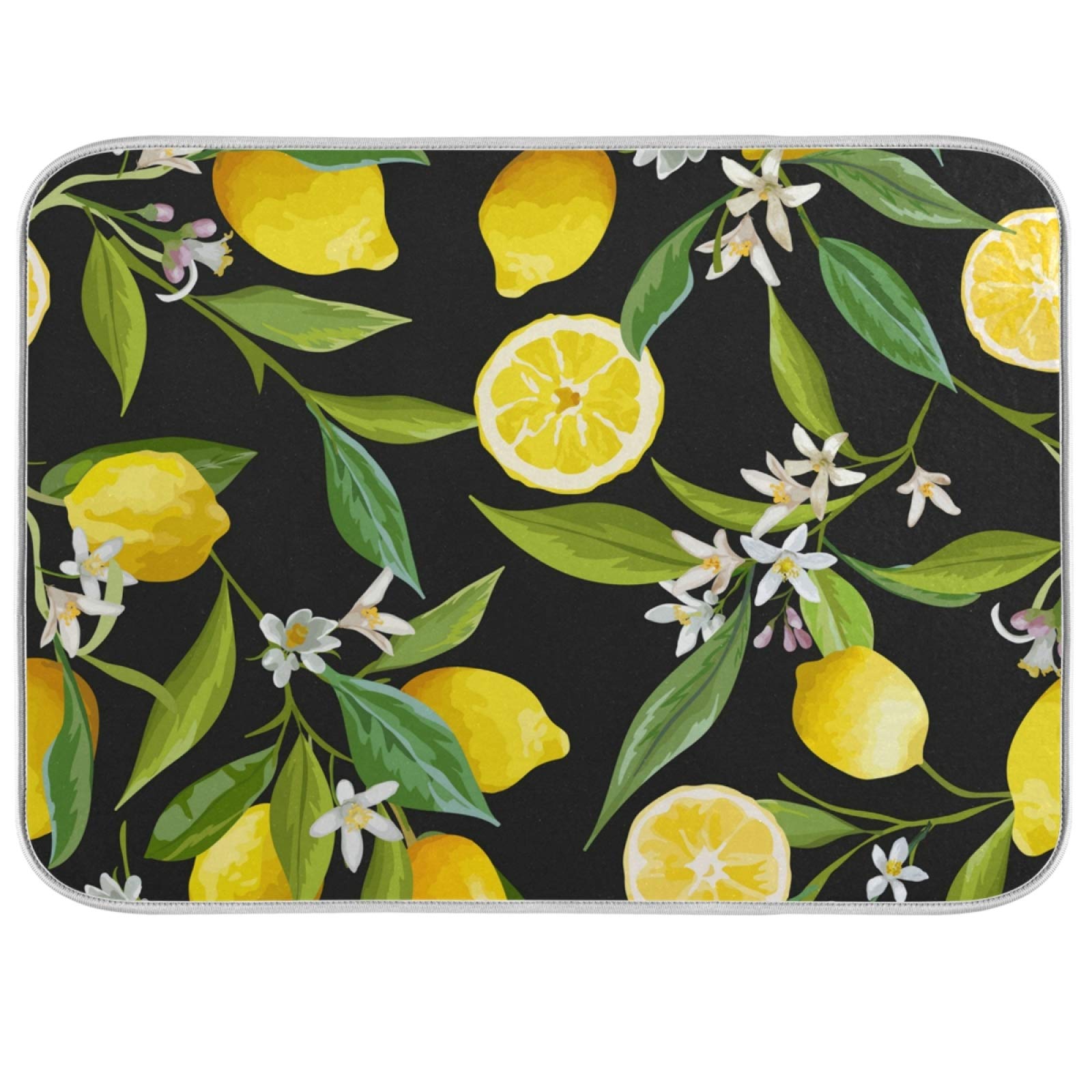 Reversible Absorbent Microfiber Dish Drying Mat - 16x18 Inch Black Lemon Kitchen Counter Decor for Dishes, Utensils, and Cookware