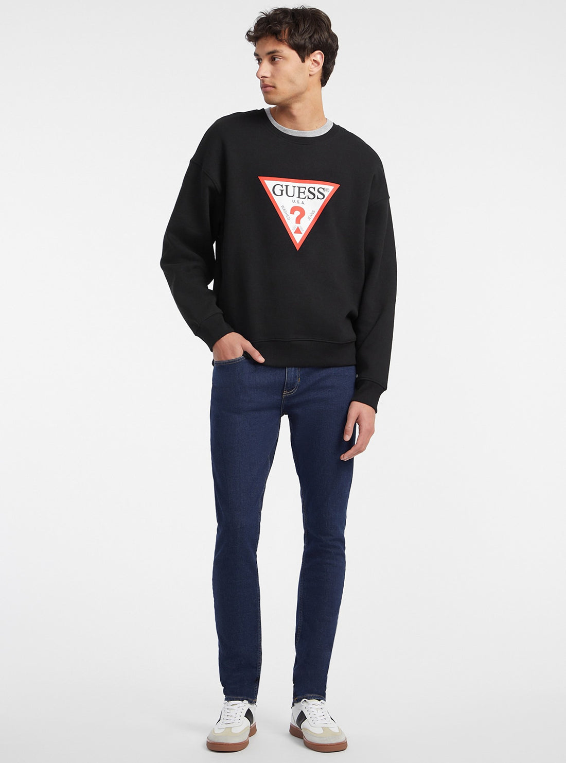 Guess Women's Black Iconic Logo Jumper Sweater | Casual Pullover Knit Top for Everyday Wear & Layering | Perfect for Fall, Winter & Office Outfits