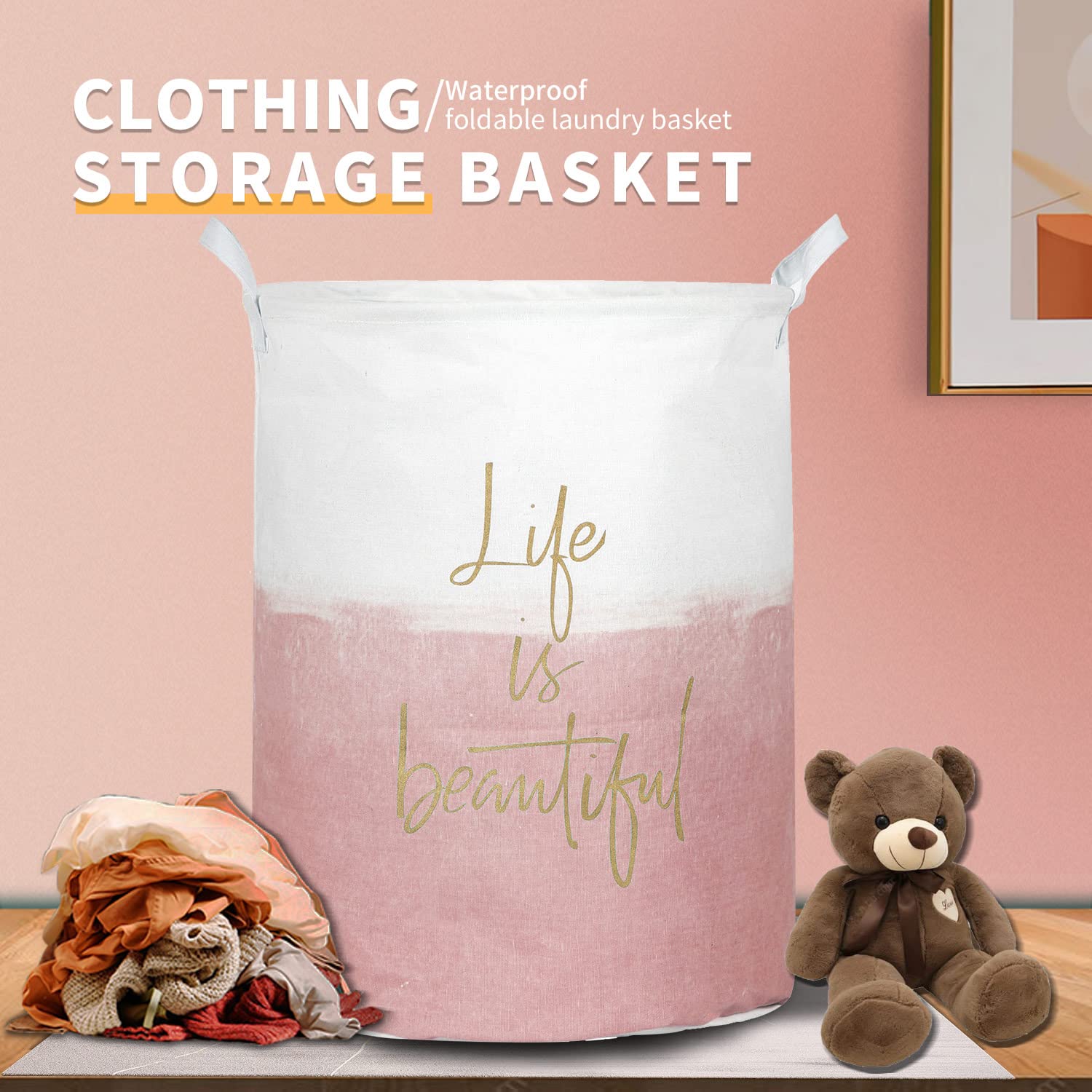 Merdes 19.7’’ Waterproof Foldable Laundry Hamper - Portable Dirty Clothes Basket & Storage Organizer for Laundry, Toys, Linens (Life Pink) | Perfect for Bedroom, Bathroom, Dorm & Nursery Organization