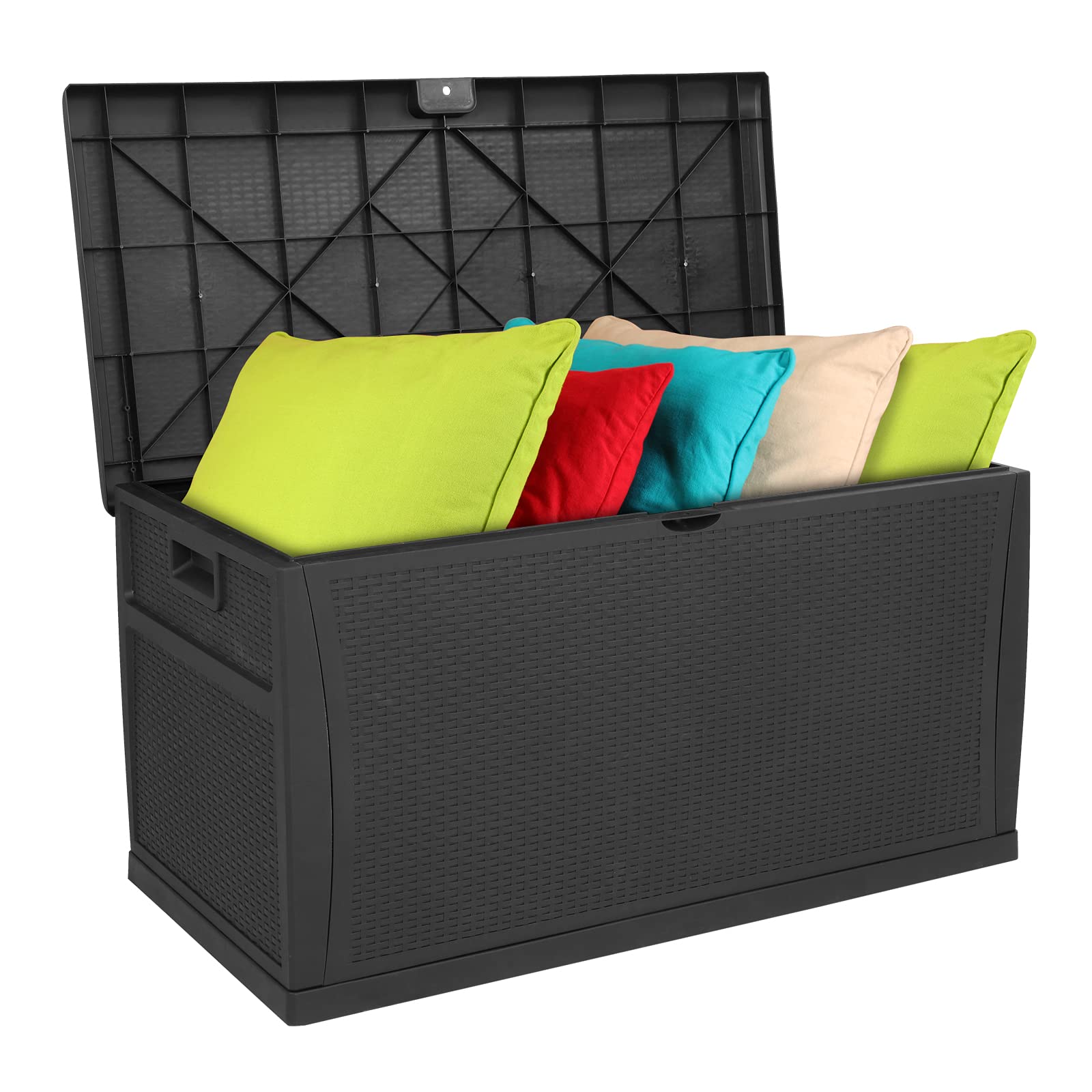 VINGLI 120 Gallon Outdoor Storage Box with Lockable Lid - Waterproof Plastic Deck Box with Rattan Grain Surface for Patio, Garden, Pool, Balcony & Yard - Perfect for Storing Cushions, Pool Toys & Outdoor Gear (Black)